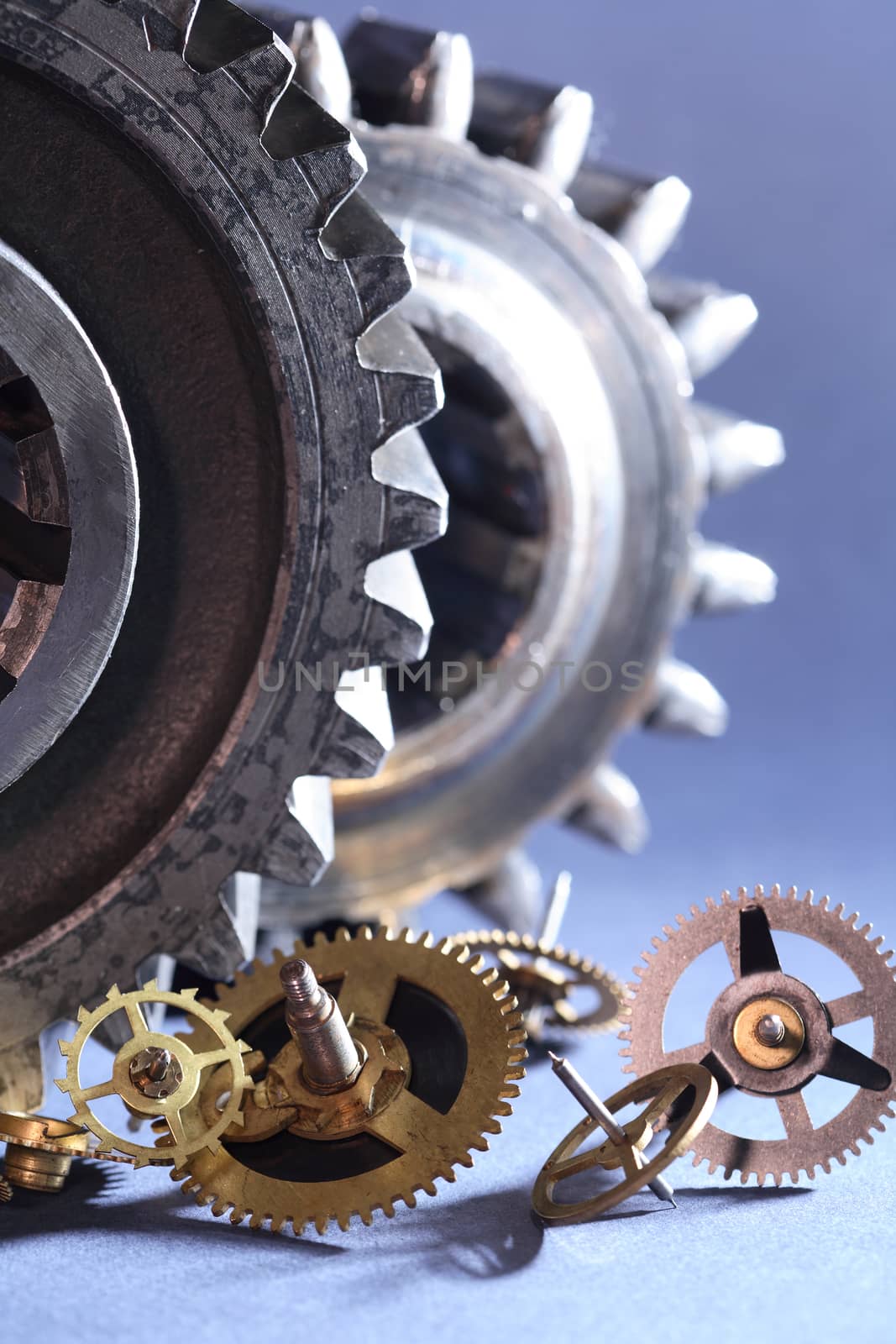 Engineering concept. Set of various gears on gray background