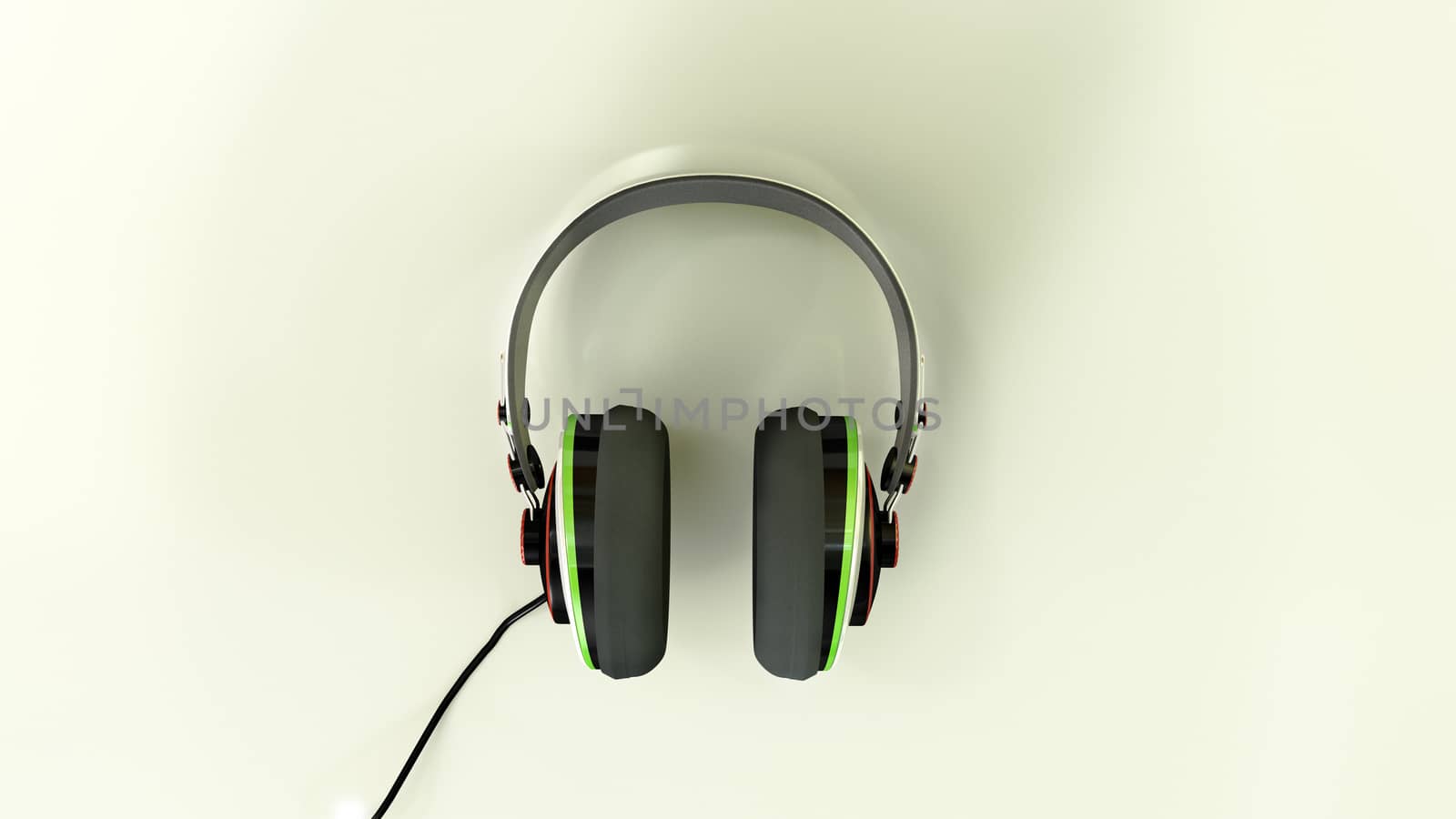 a front view of headphones place on a shiny reflective white surface