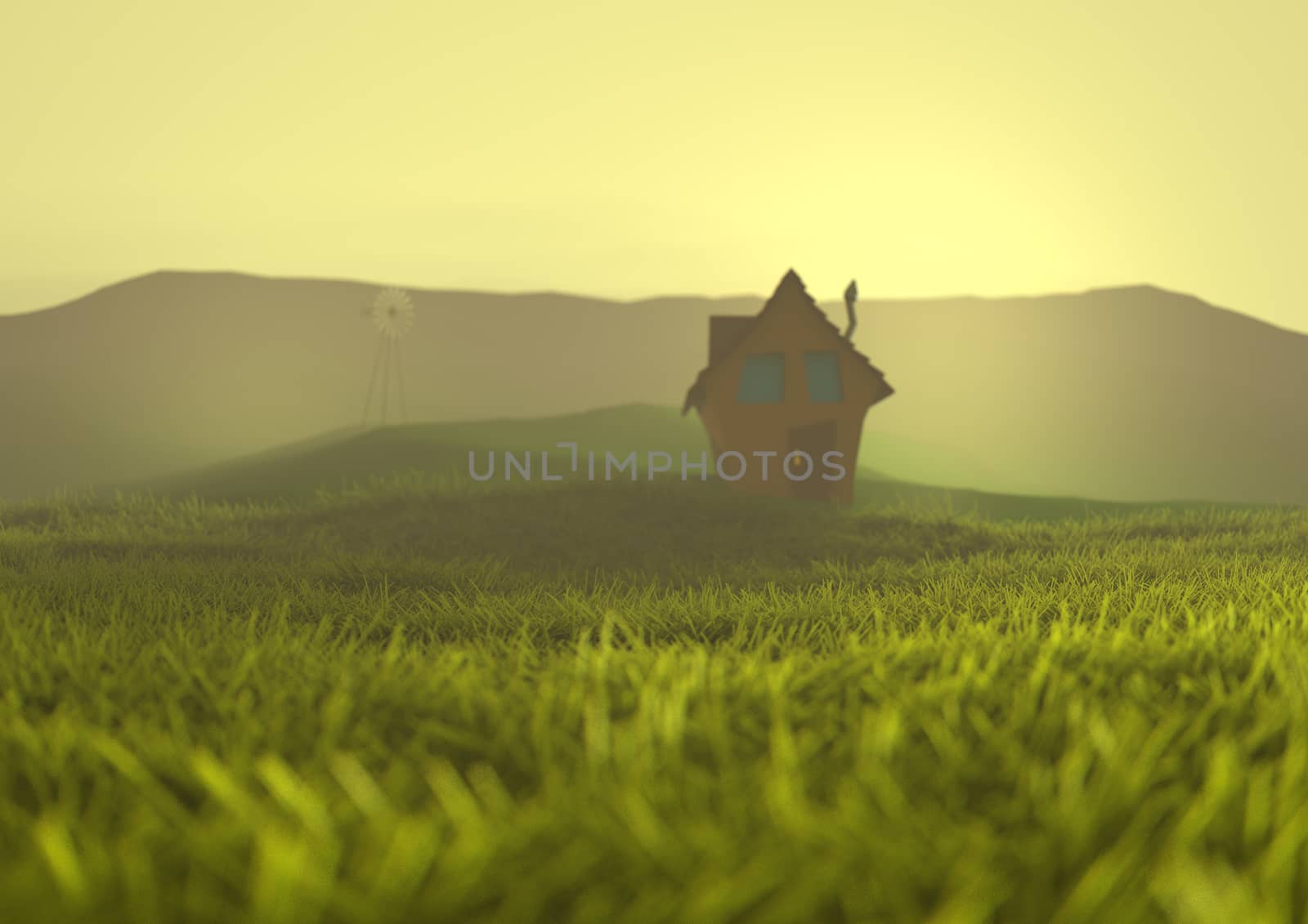 stylised farmhouse on green misty grassland rendered in 3D