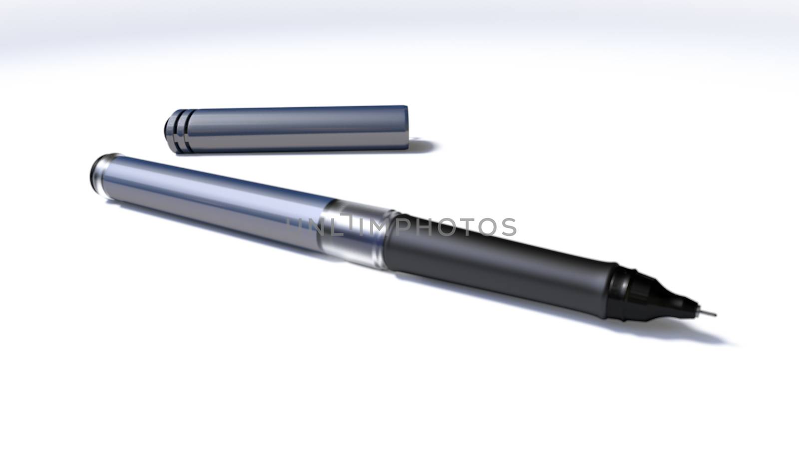 A close up of a modern veld tip pen with lid separate on a white surface and shadow 