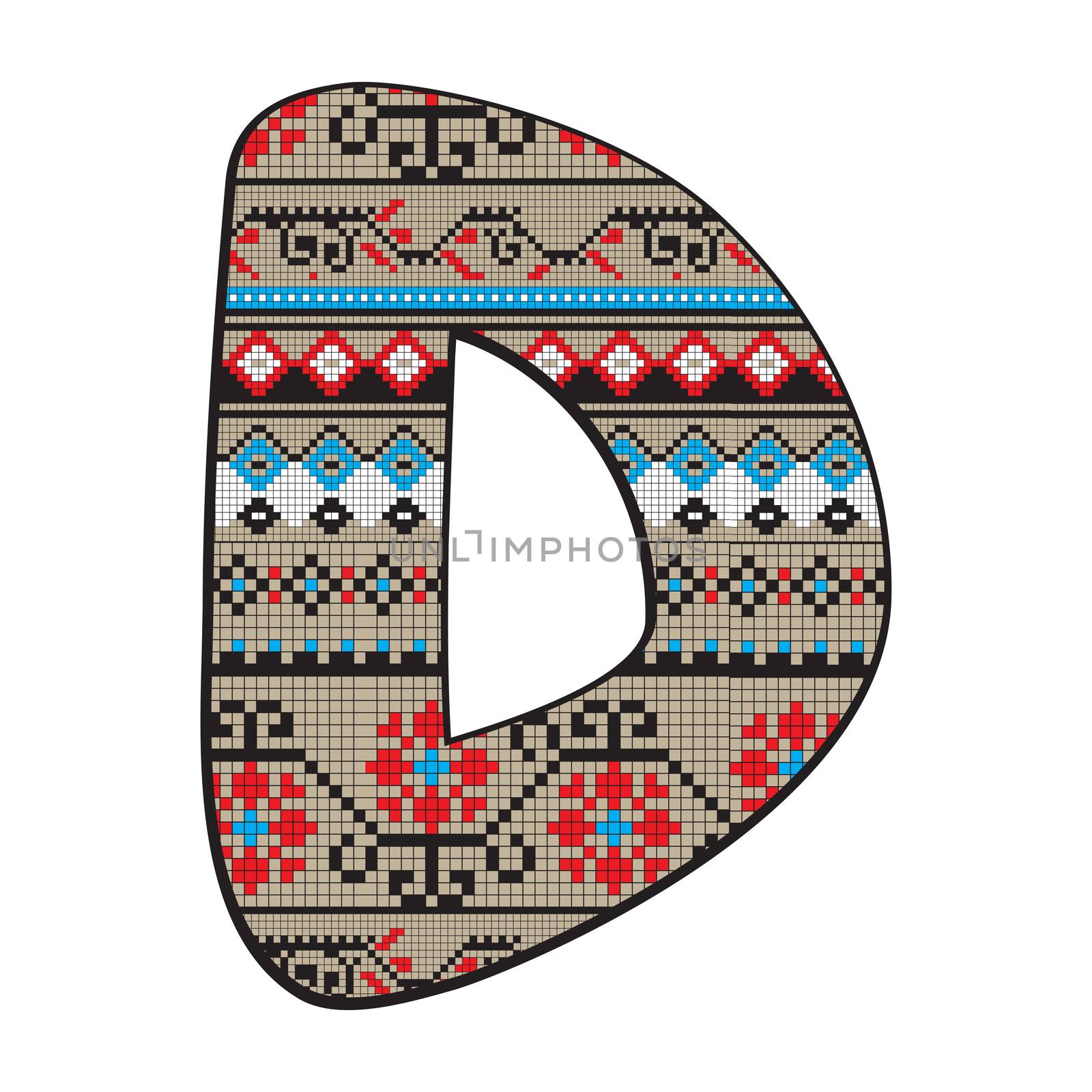 Decorated original font, pixel art ethnic model inspired by a Balkan motif over a funny fat capital letter isolated on white