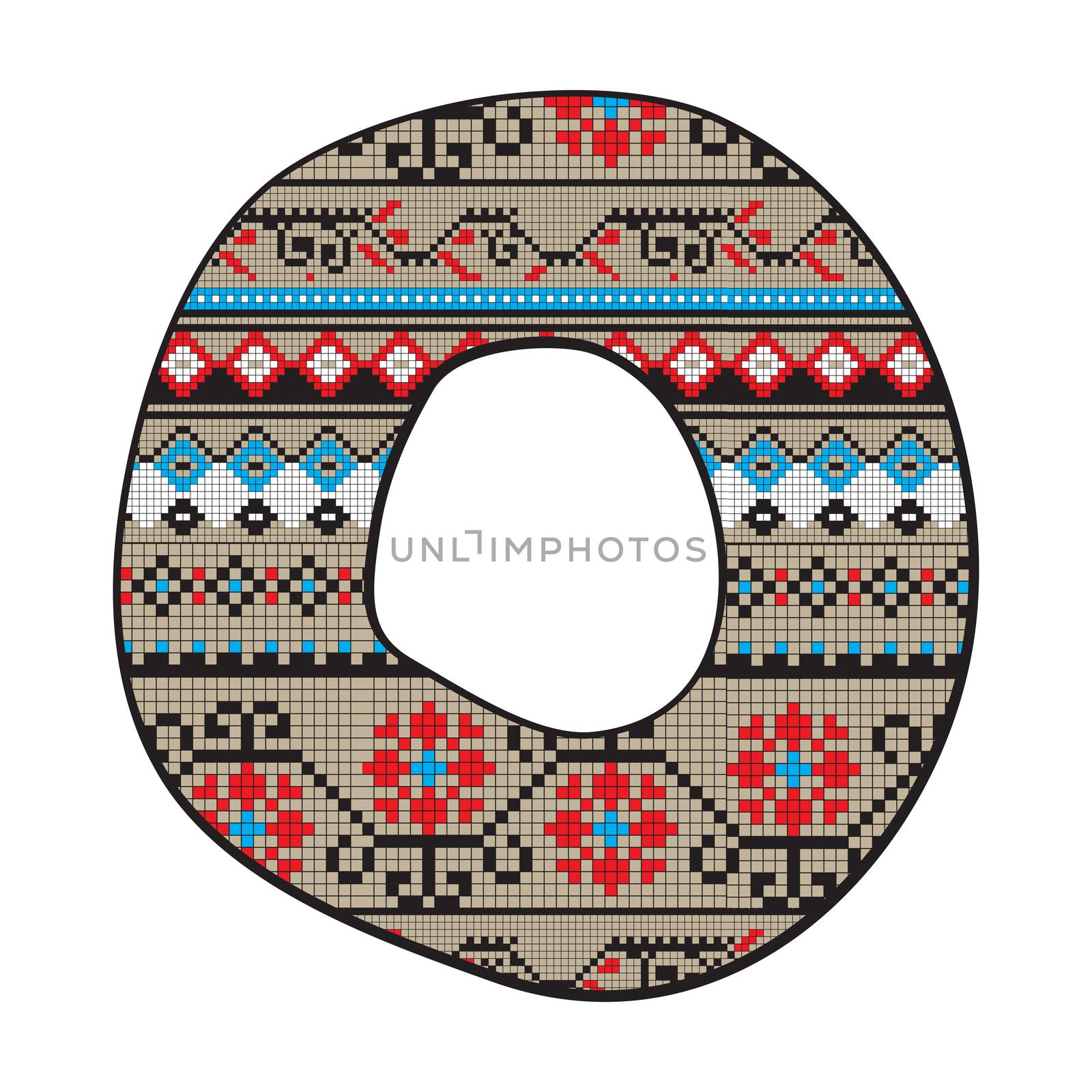 Decorated original font, pixel art ethnic model inspired by a Balkan motif over a funny fat capital letter O isolated on white