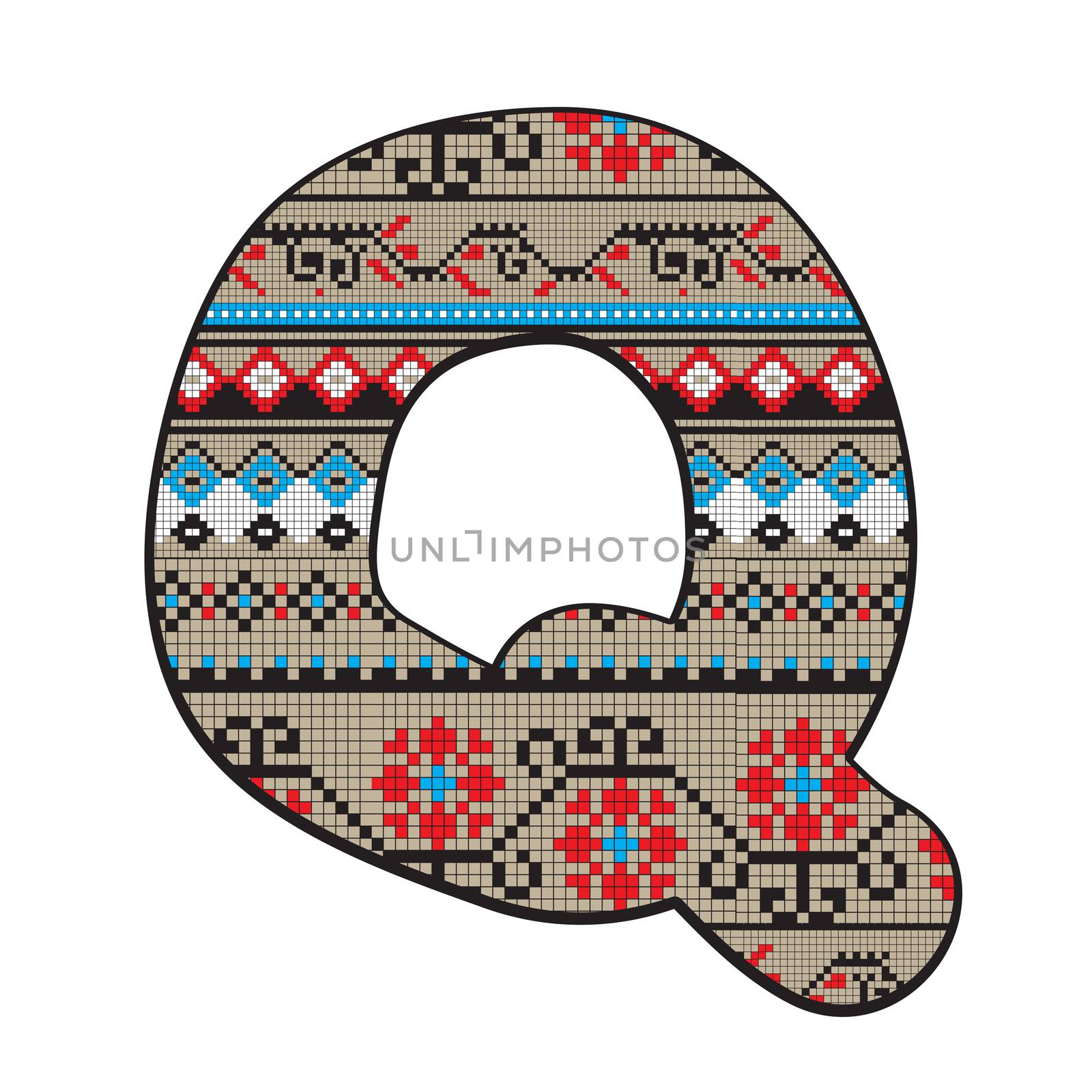 Decorated original font, pixel art ethnic model inspired by a Balkan motif over a funny fat capital letter Q isolated on white