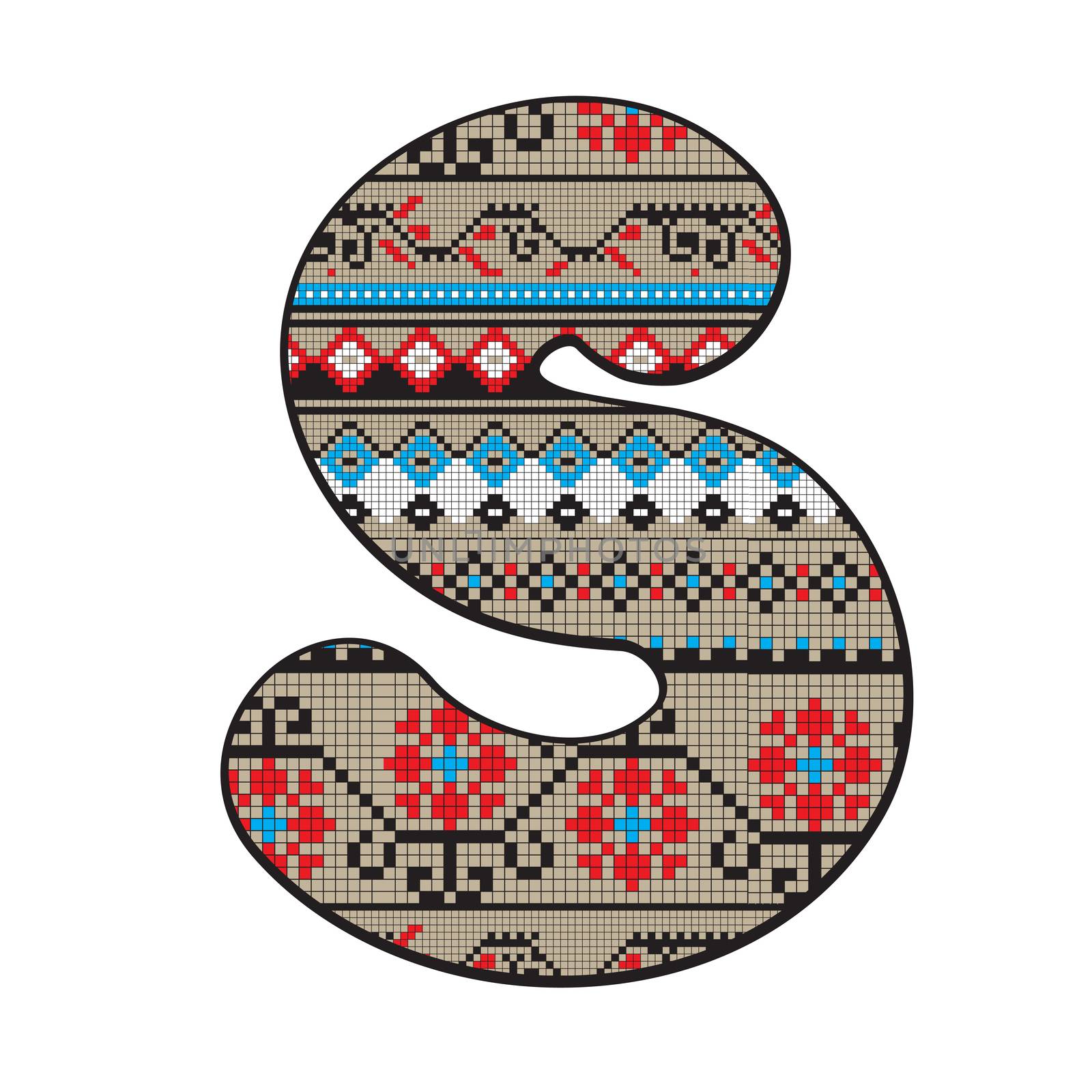Decorated original font, pixel art ethnic model inspired by a Balkan motif over a funny fat capital letter S isolated on white