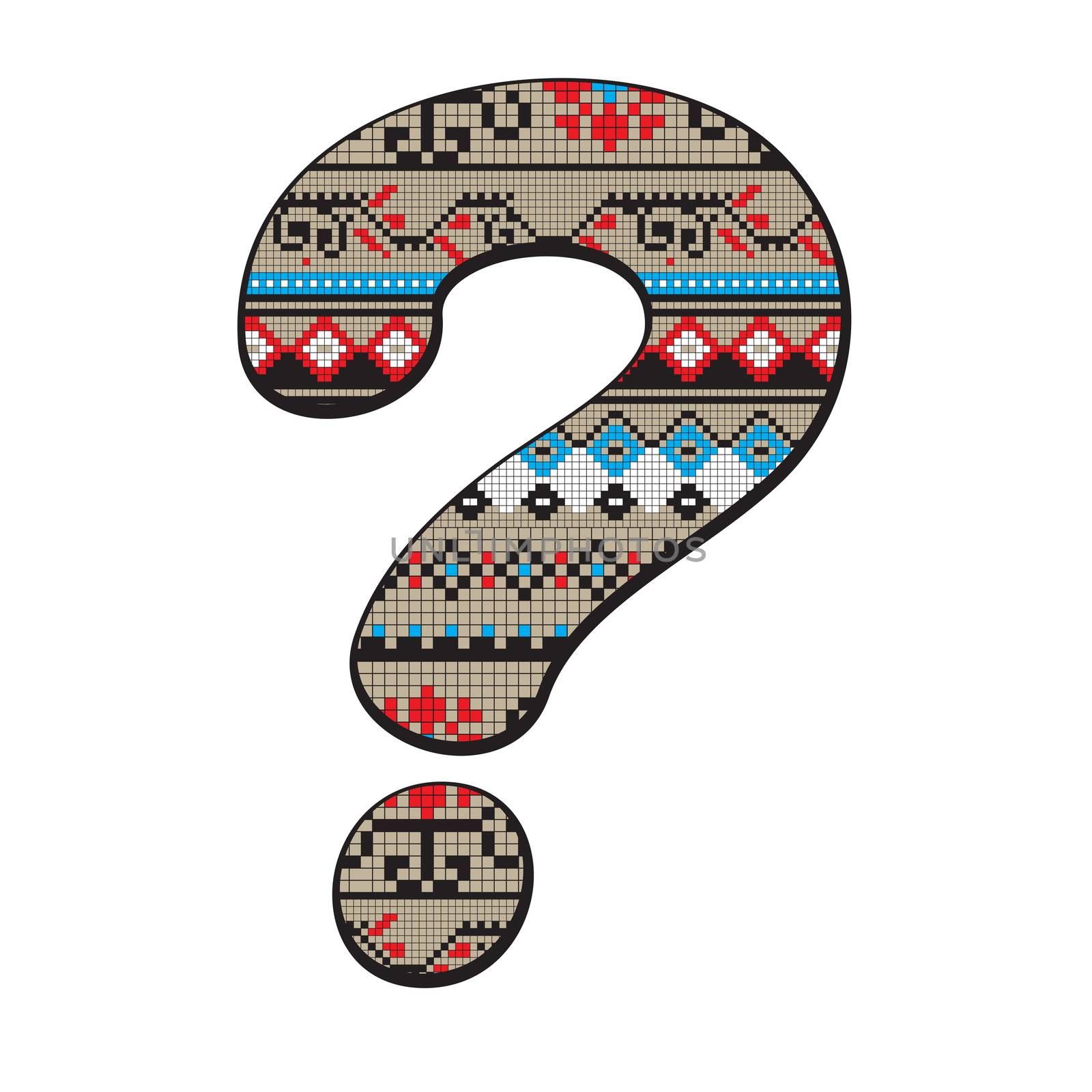 Decorated original font, pixel art ethnic model inspired by a Balkan motif over a funny question mark isolated on white
