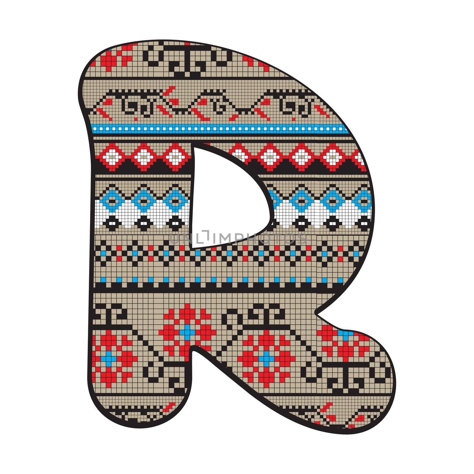 Decorated original font, pixel art ethnic model inspired by a Balkan motif over a funny fat capital letter R isolated on white