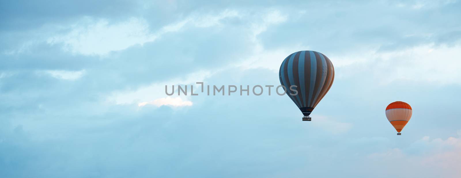 Two air balloons  in blue sky with empty space. Horizontal photo