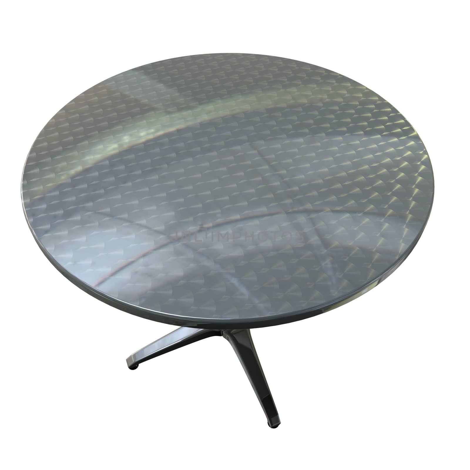 the top of a round planar chrome table on white background