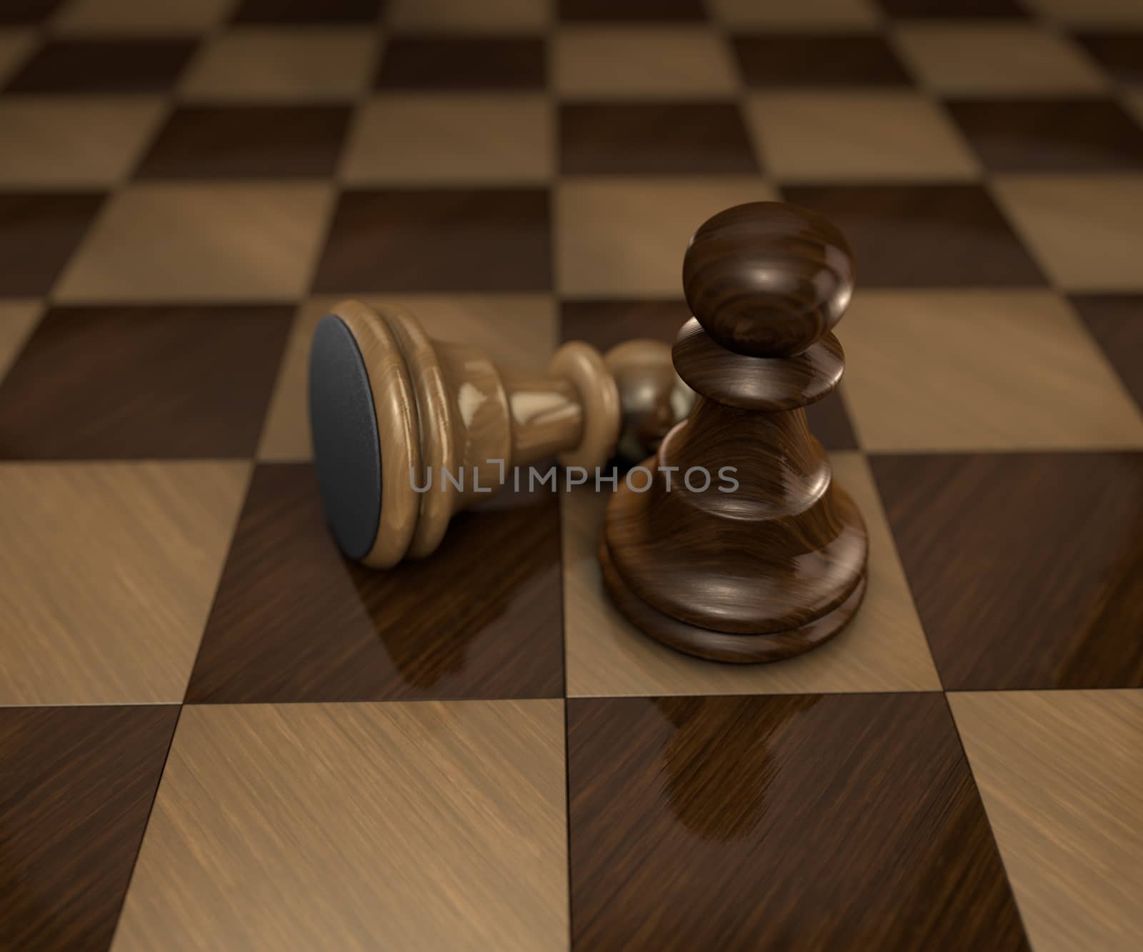 one fallen light chess piece next to standing dark chess piece on a checkered board