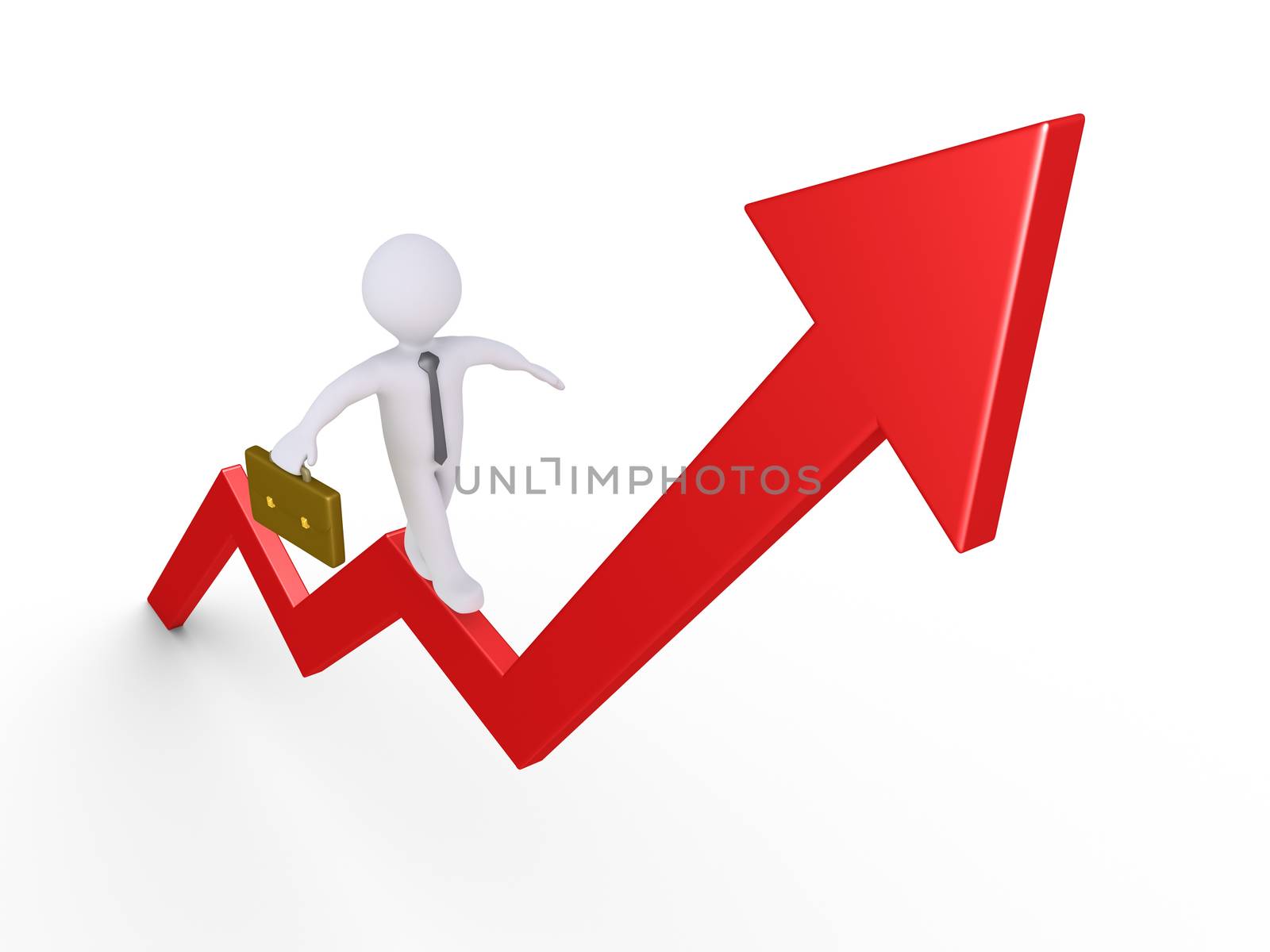 Businessman is trying to balance on an arrow pointing upwards