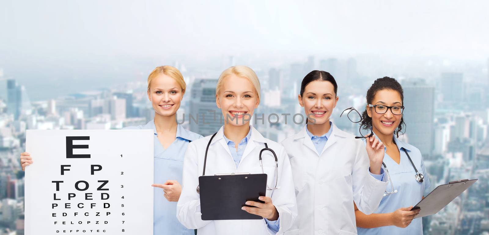 healthcare, vision and medicine concept - smiling female eye doctors and nurses with eye exam chart, glasses and clipboard