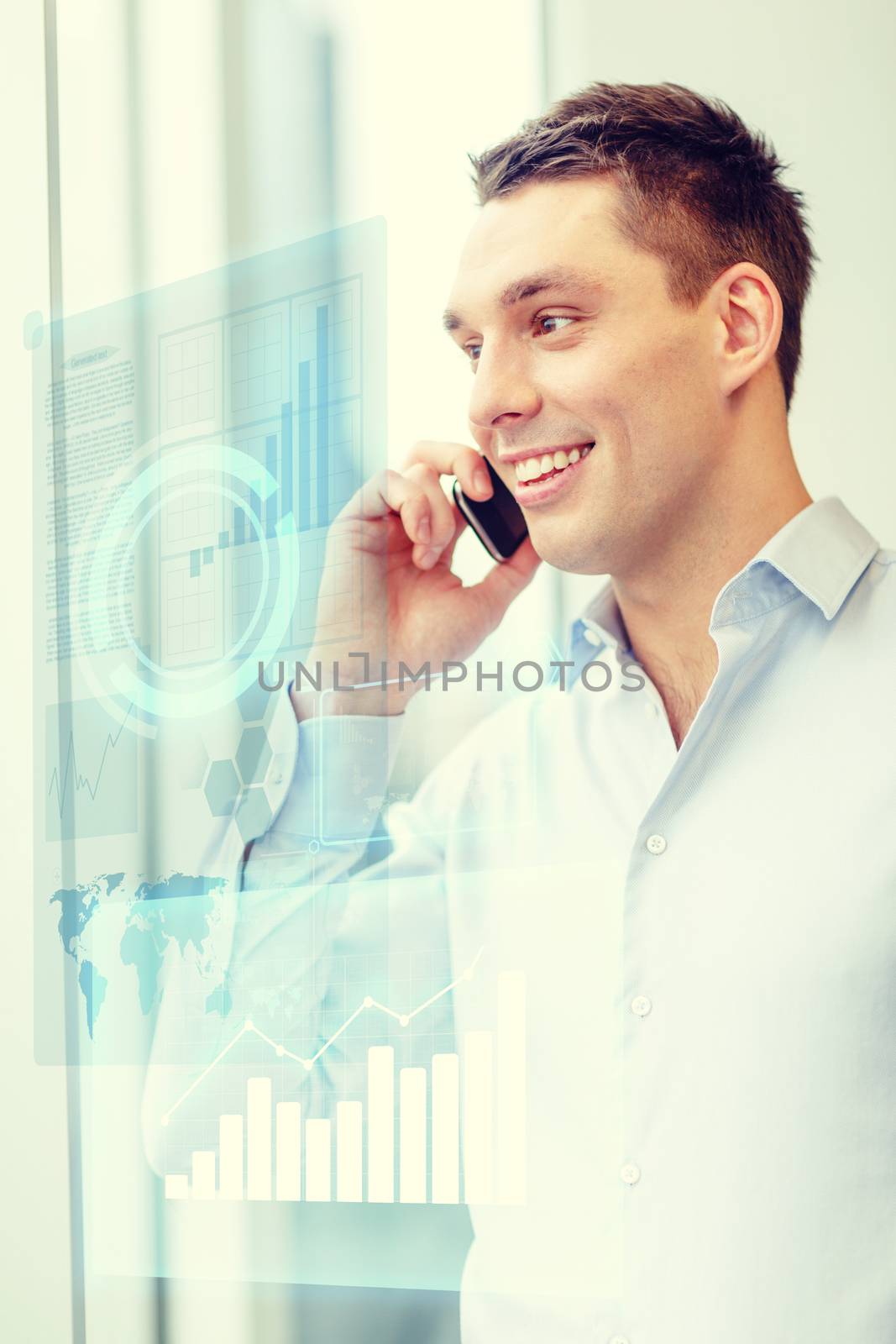 business, technology and office concept - smiling businessman with smartphone in office