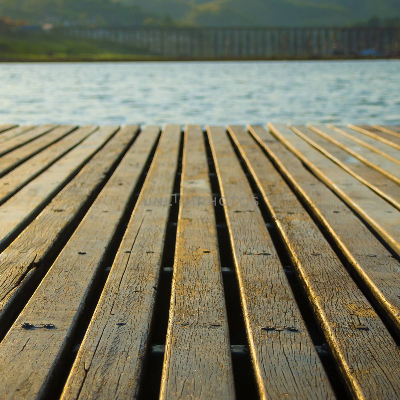 wooden floor of raft in  Songalia river, Sangkhlaburi , Thailand