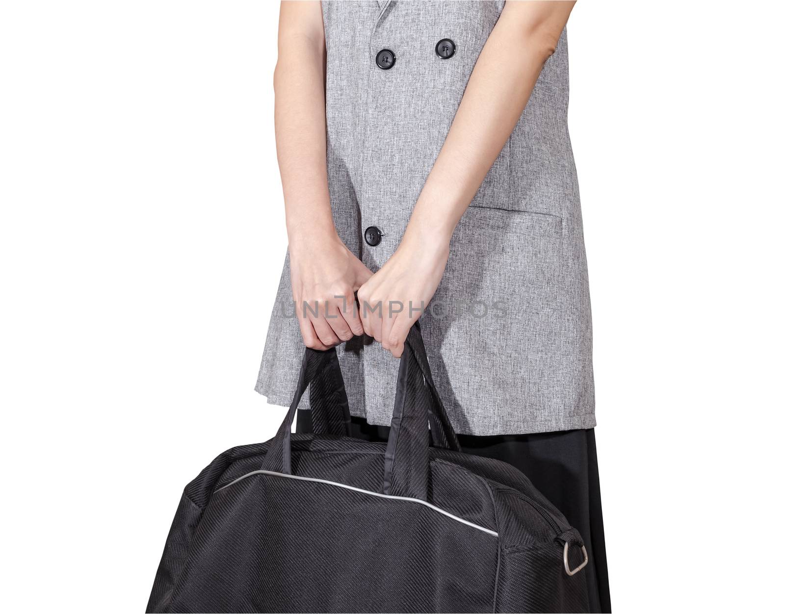 women hand hold the travel bag, black color on white background, by FrameAngel
