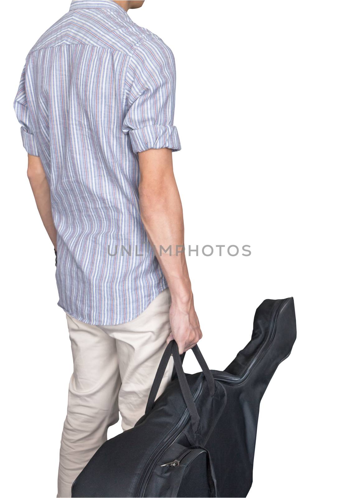 stylish young asian hipster man wear scott strip shirt, hold gui by FrameAngel