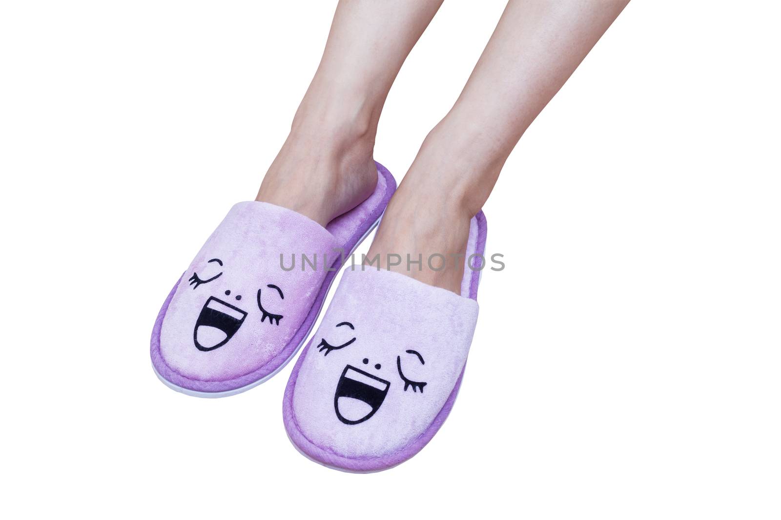 woman feet with smile slippers and happy, close up view, on whit by FrameAngel