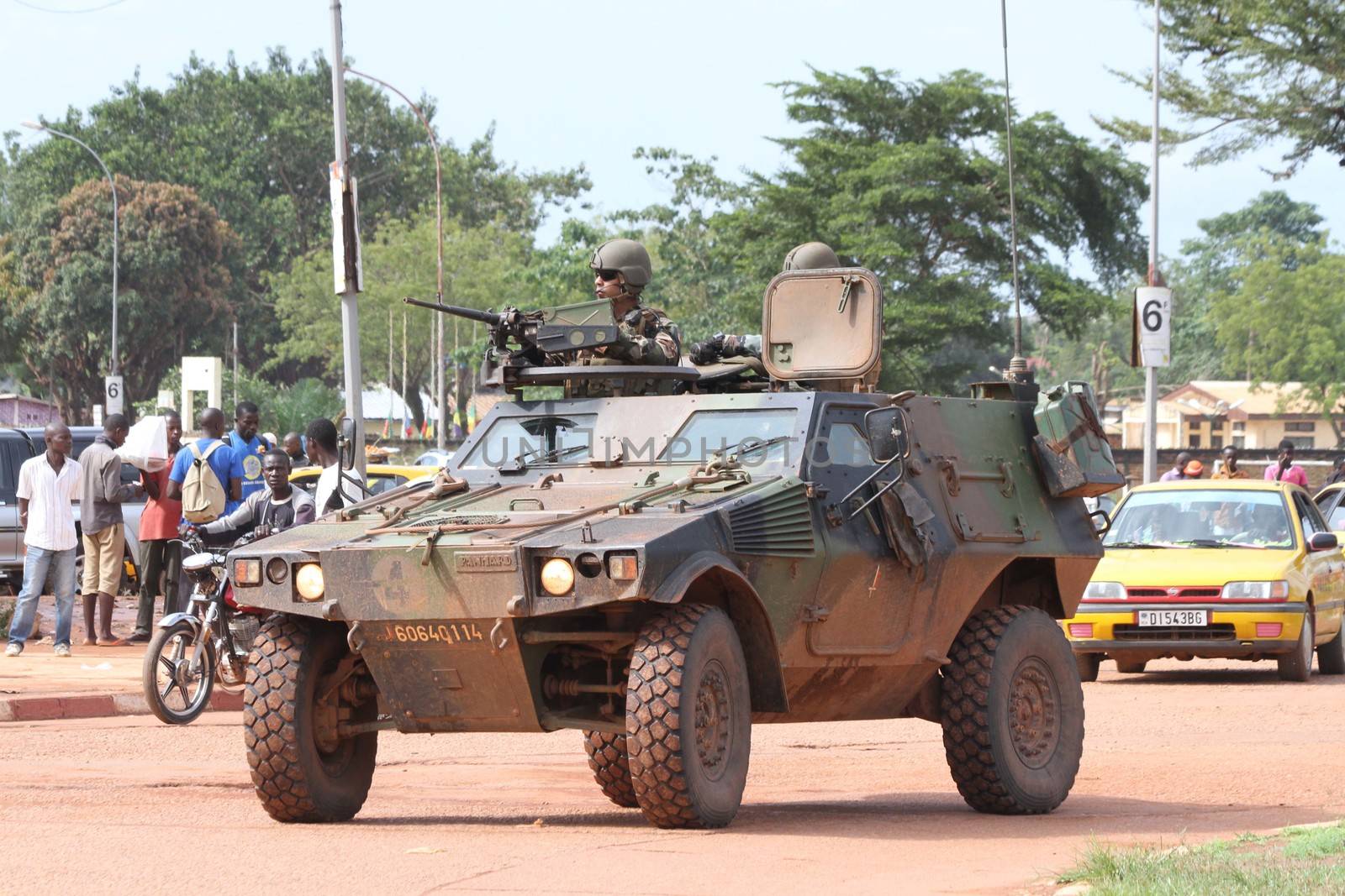 CENTRAL AFRICAN REPUBLIC, One vehicle of the French Sangaris armed force passes on a street in Bangui, as it patrols in the city, on October 2, 2015. The Central African Republic descended into bloodshed more than two years ago after long time president Francois Bozize, a Christian, was ousted by Seleka rebels, triggering the worst crisis since independence in 1960. On September 29, 2015, Bangui returned to only relative calm after three days of inter-community violence which left at least 40 dead and 100 injured according to the UN Refugee Agency UNHCR. Some 27,000 inhabitants of Bangui have also fled to displaced people's camps.