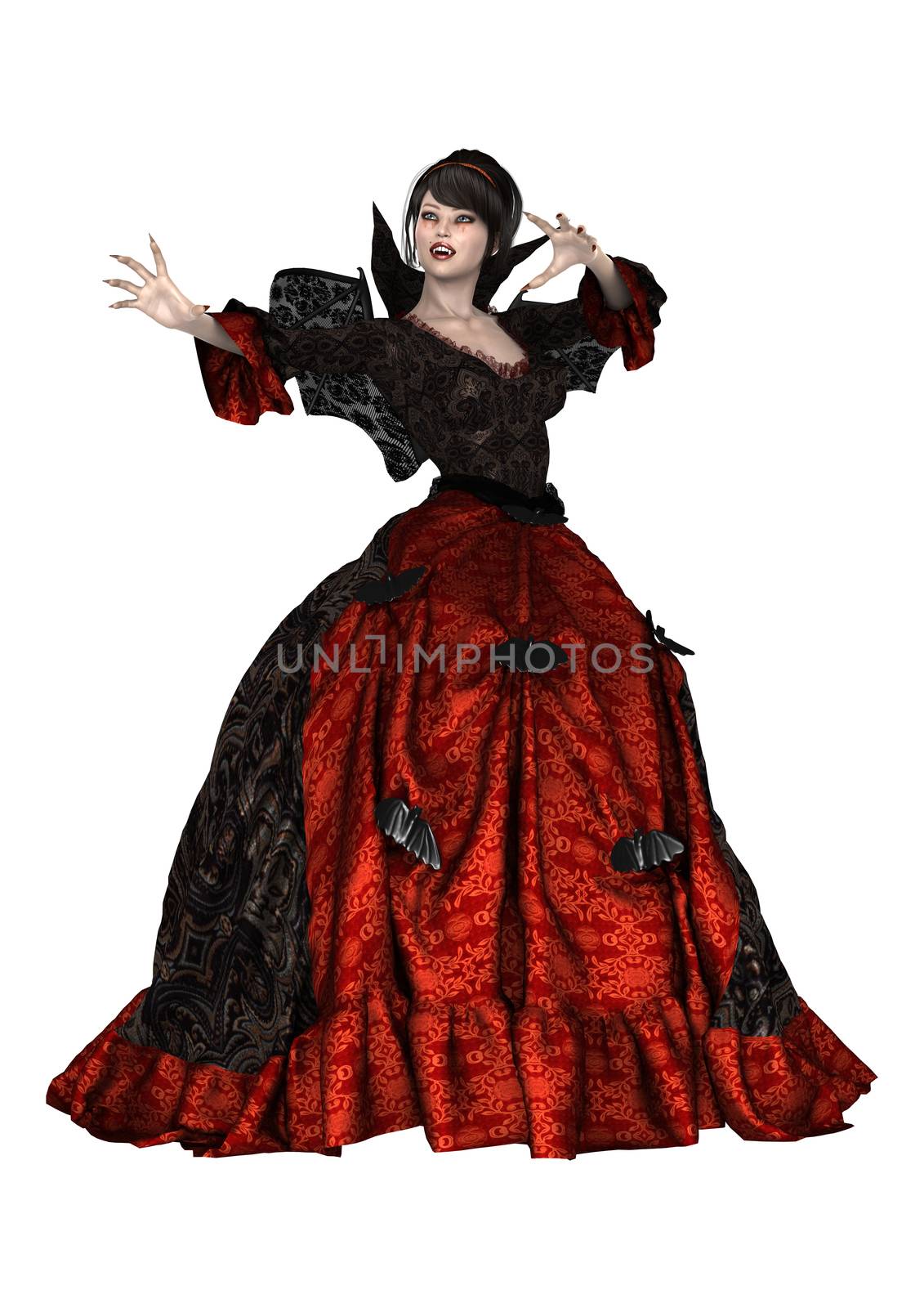 3D digital render of a beautiful lady vamp isolated on white background