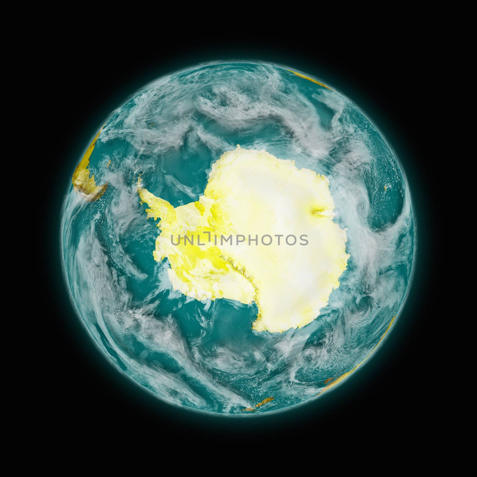 Antarctica on blue planet Earth isolated on black background. Highly detailed planet surface. Elements of this image furnished by NASA.