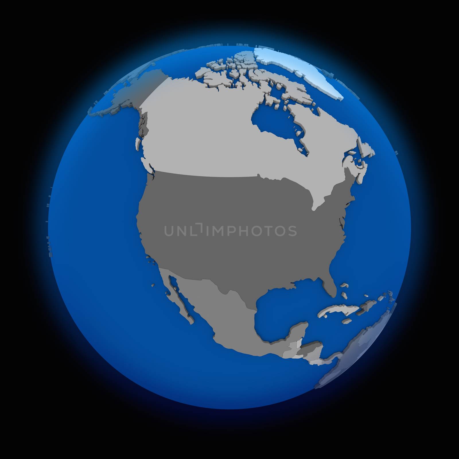 north America on political globe on black background