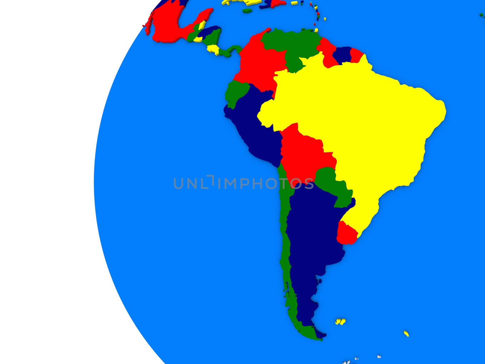 South american continent on political globe by Harvepino