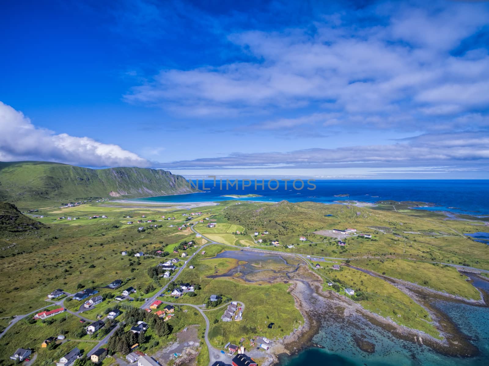 Lofoten islands in Norway, popular tourist destination, aerial view