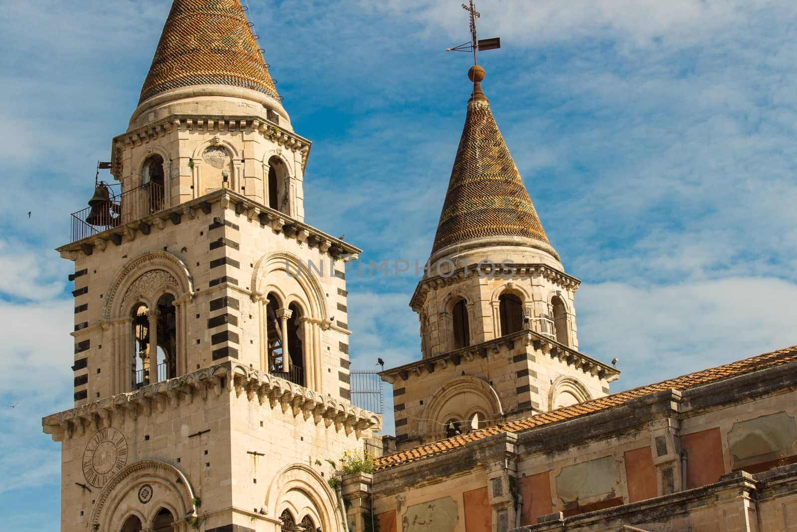 Acireale, Italy: Bell-tower in a blue sky by alanstix64