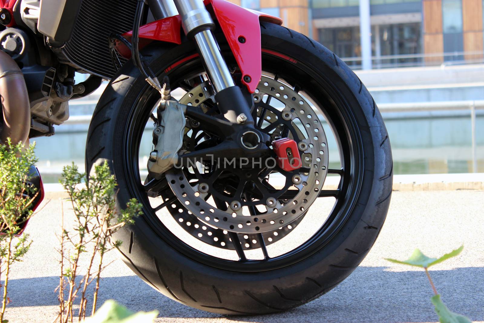 Close up of motocross motorcycle wheel with ABS brakes
