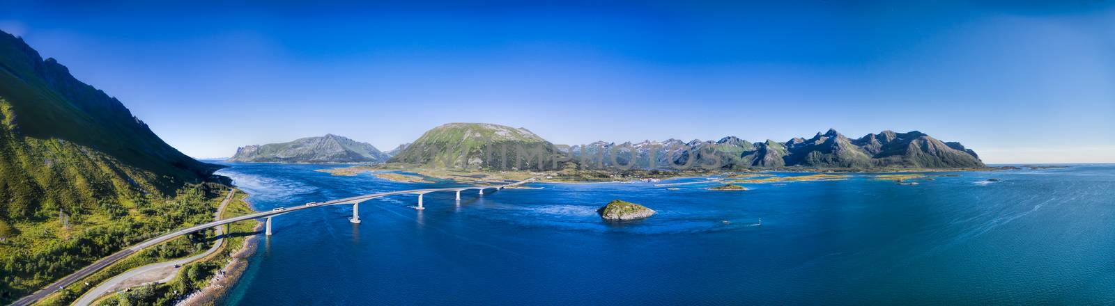 Aerial panorama of huge bridge in Norway on Lofoten islands, best roadtrip in the world