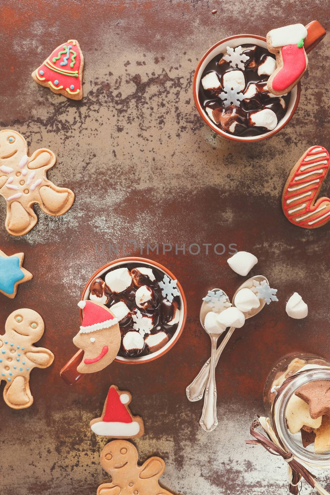 Hot chocolate with marshmallow and gingerbread cookies. Vintage style with blank space, top view
