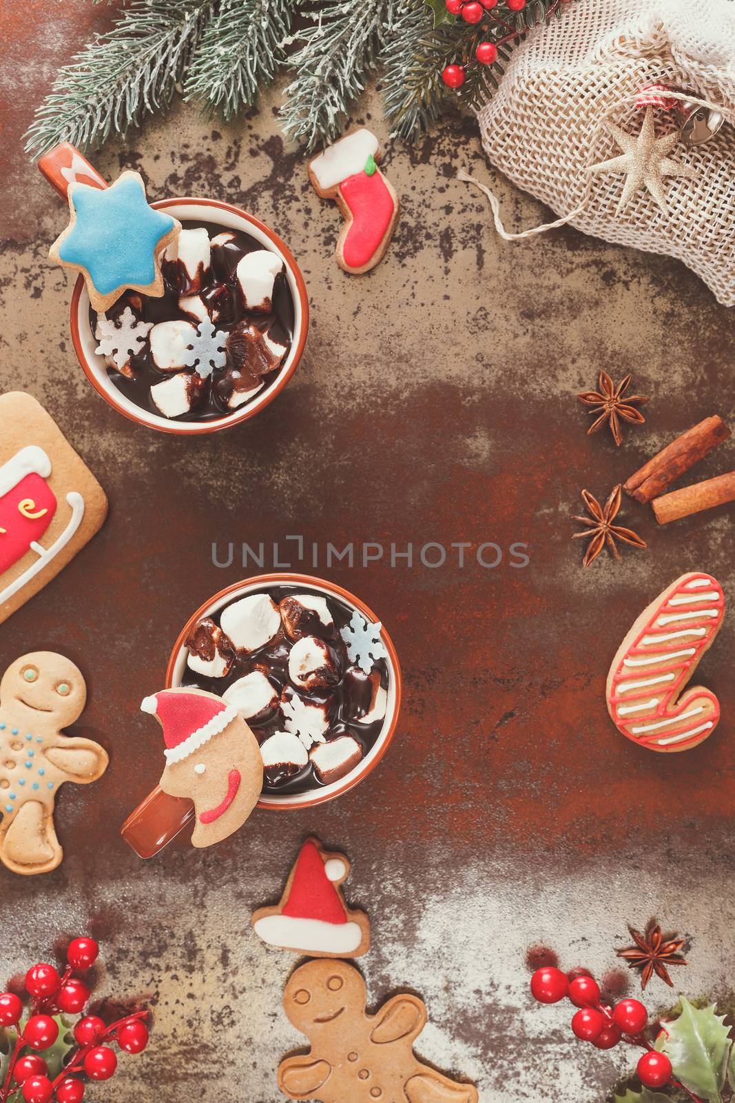 Hot chocolate with marshmallow and gingerbread cookies. Christmas decorations. Vintage style with blank space, top view