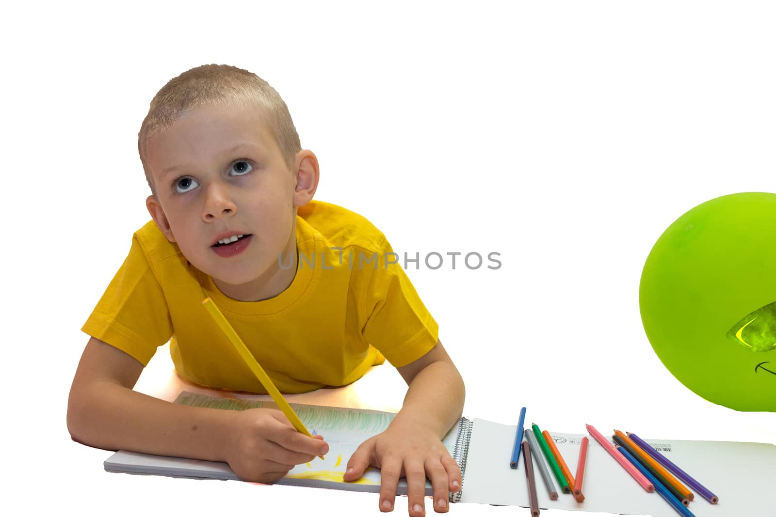 The picture shows a beautiful boy drawing a pencil on the album.