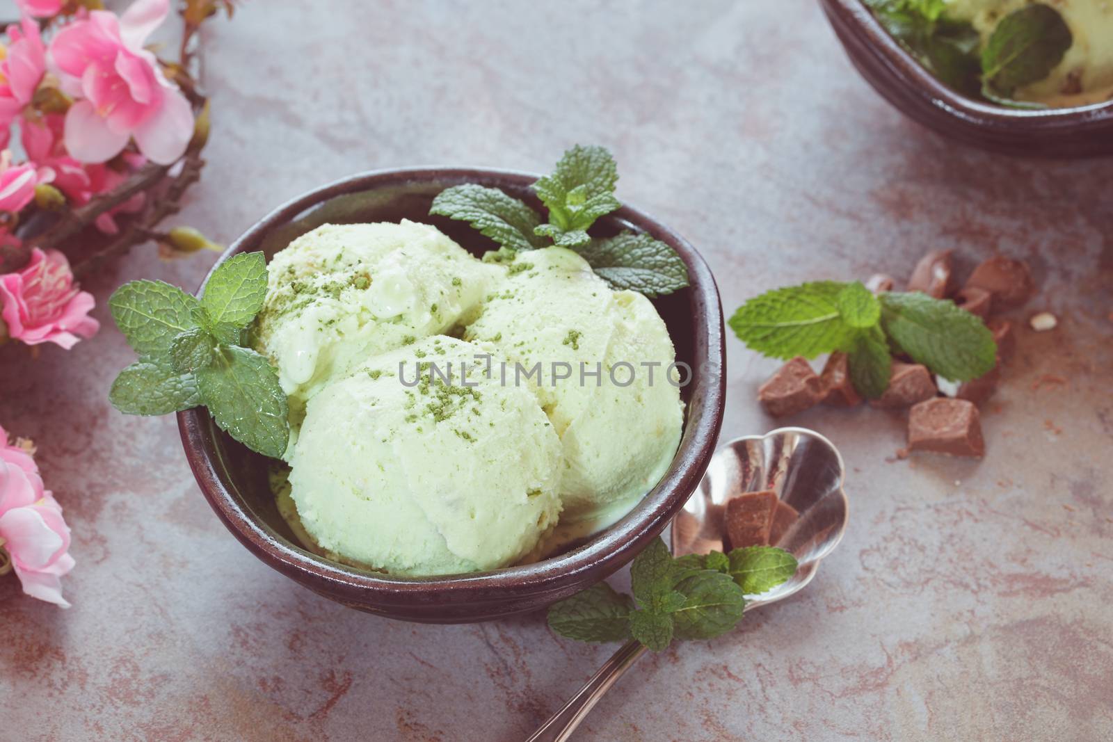Matcha Mint Chip Ice Cream, top view, vintage style. Macro, selective focus, natural light
