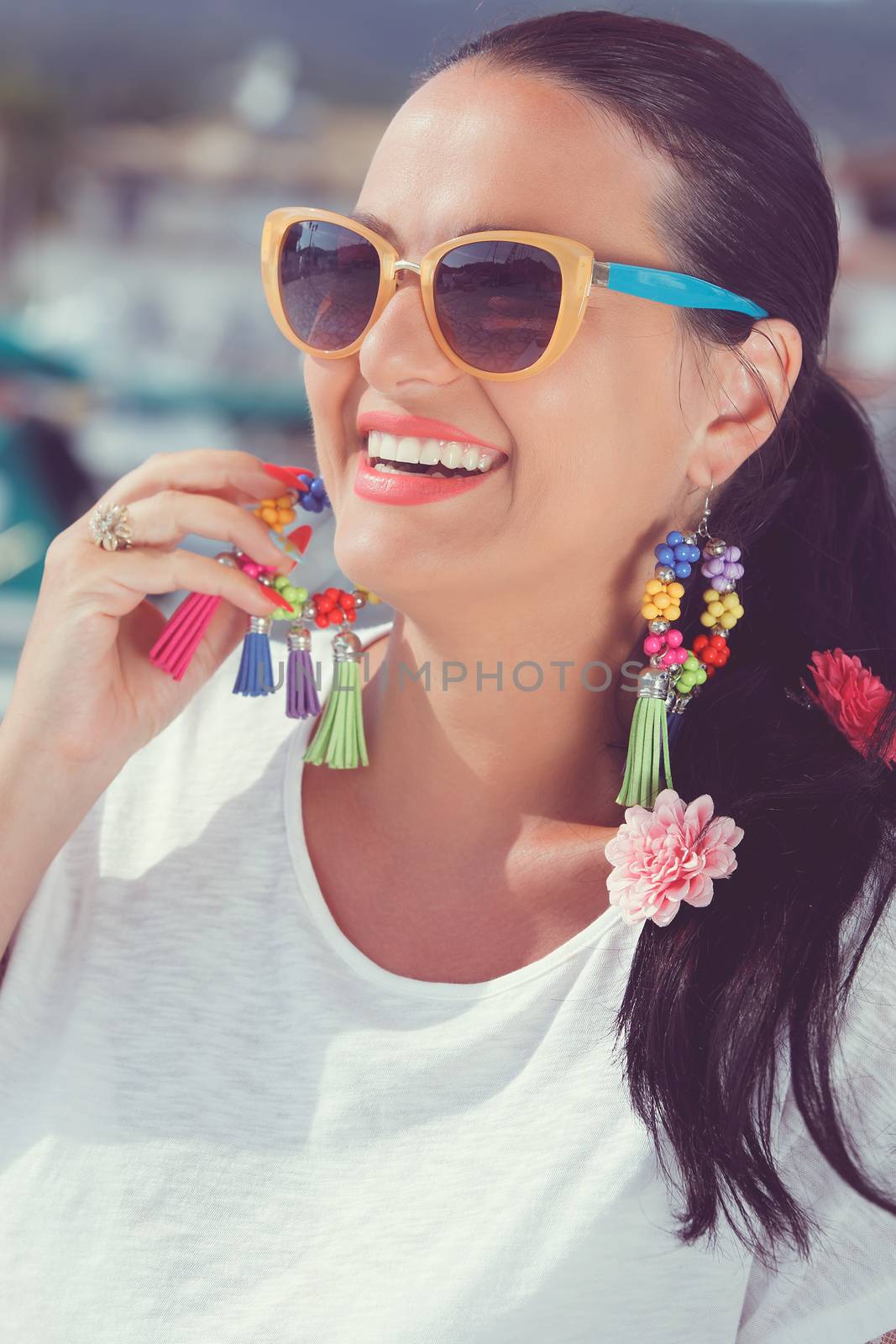 Beautiful smiling woman walk at the marina with yachts by Slast20