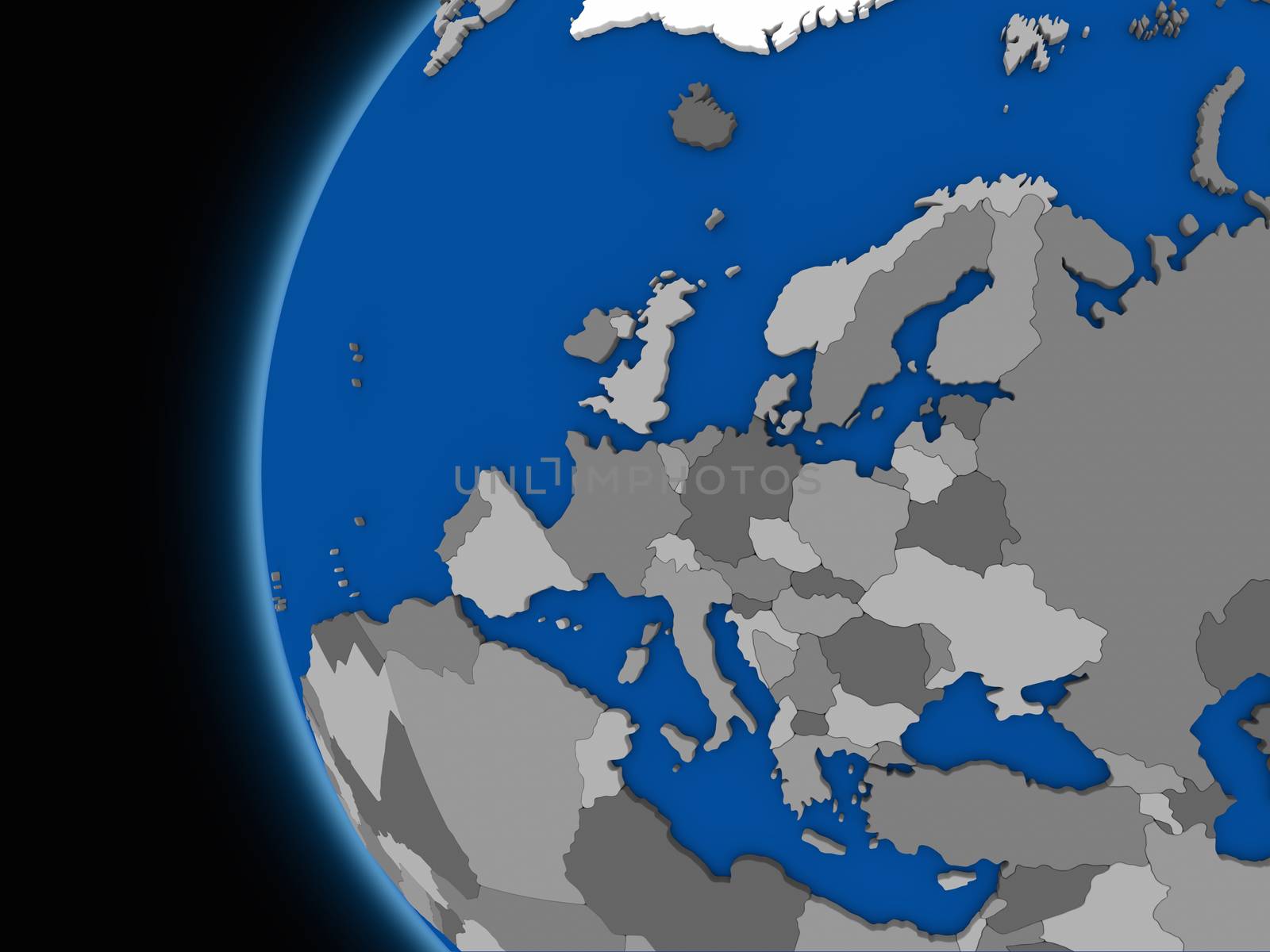 Illustration of European continent on political globe with black background