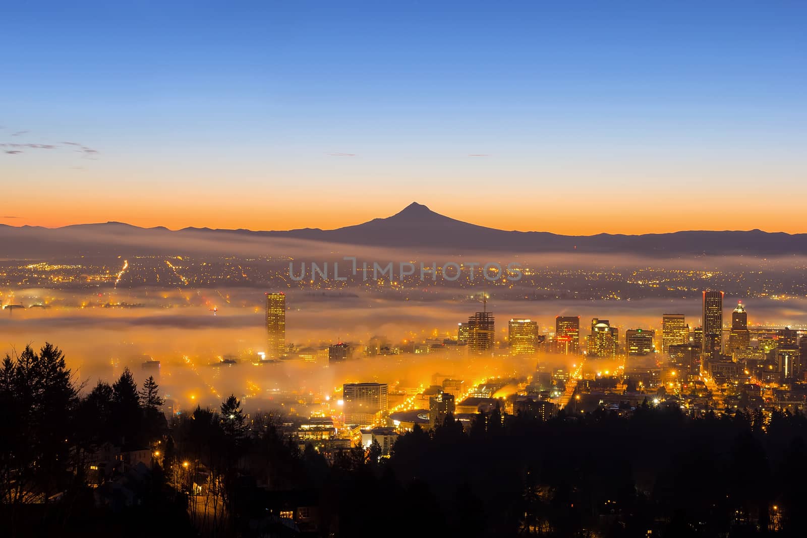 Portland Cityscape Covered in Fog During Sunrise by Davidgn