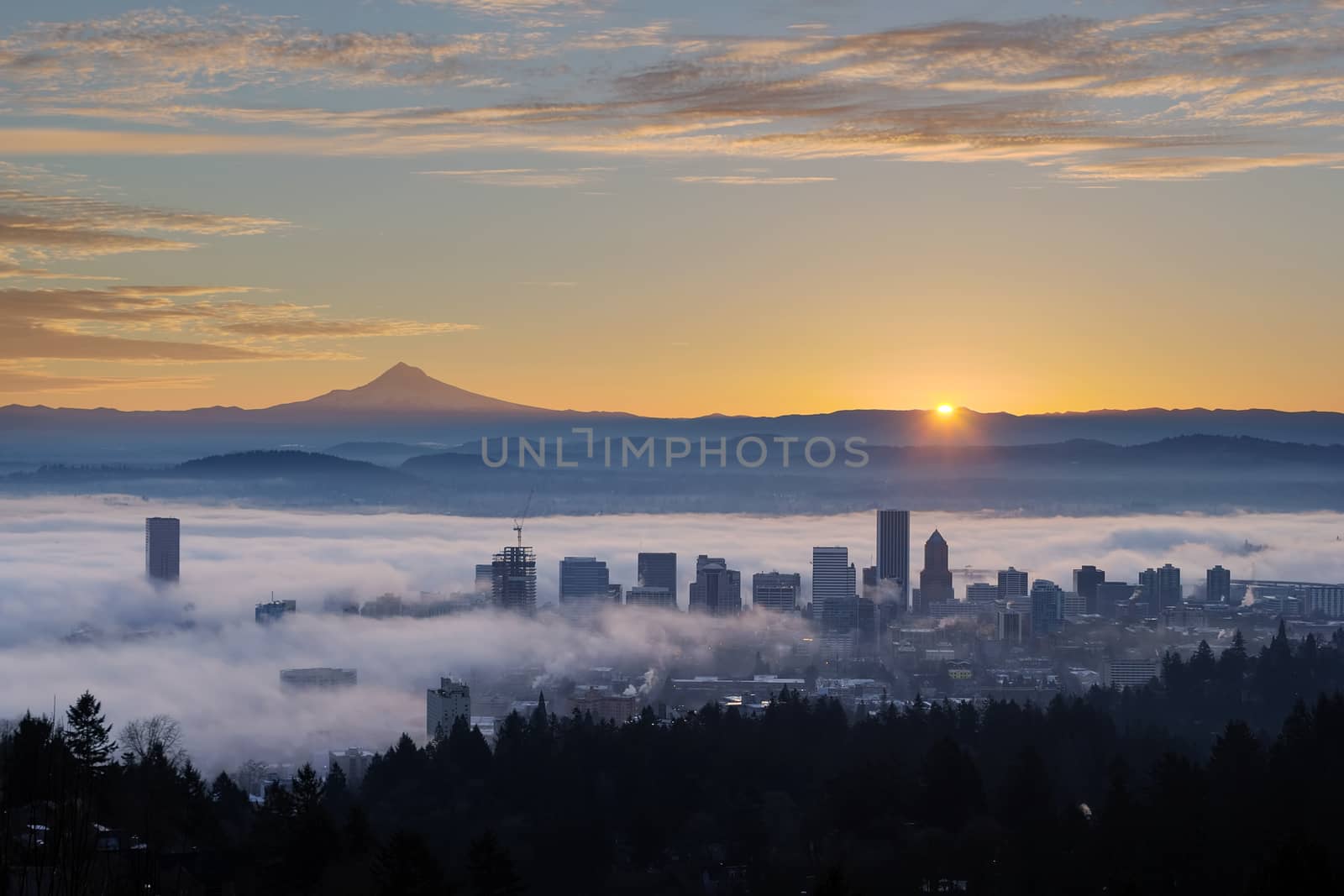 Sunrise over Foggy Portland Cityscape with Mt Hood by Davidgn