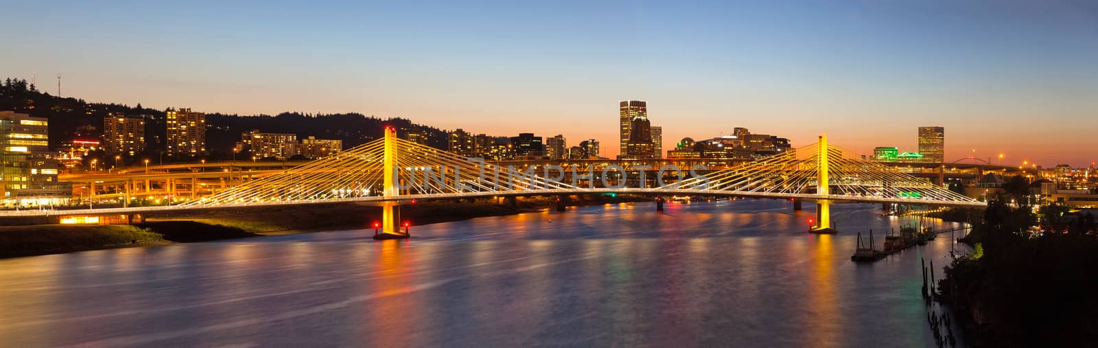 Tilikum Crossing Bridge with Portland Oregon Downtown City Skyline at Dusk Panorama