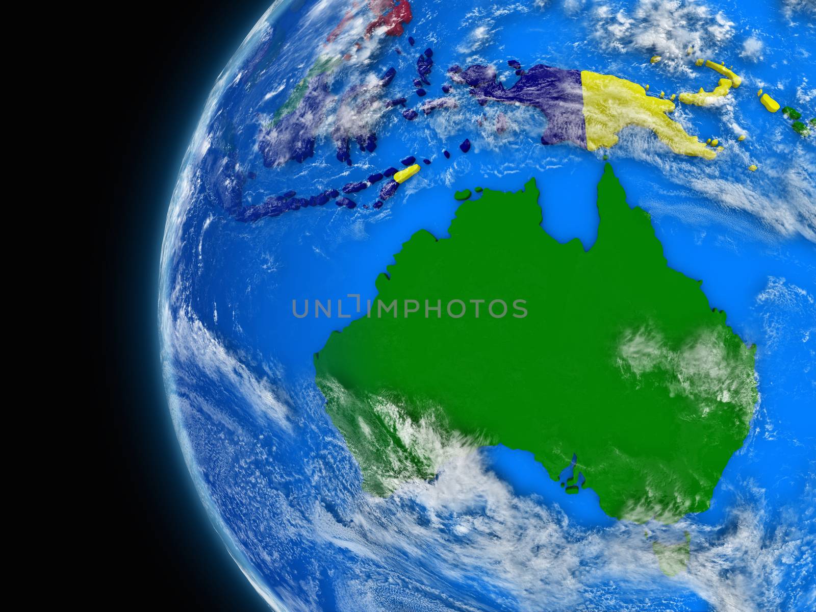 Illustration of Australian continent on political globe with atmospheric features and clouds