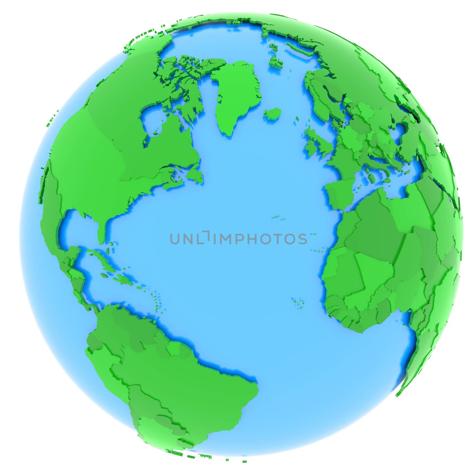 Political map of Western Hemisphere with countries in different shades of green, isolated on white background. 
