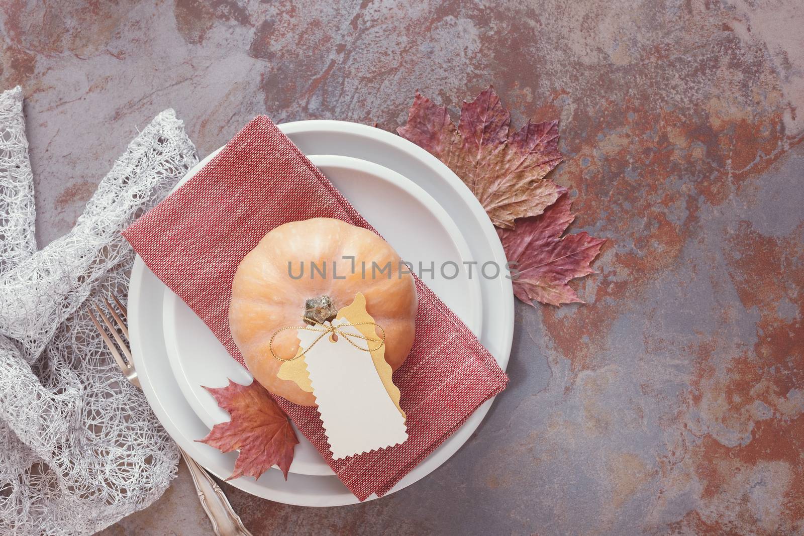 White plates decorated with pumpkin, autumn leaves and placard. Thanksgiving Table Decorations