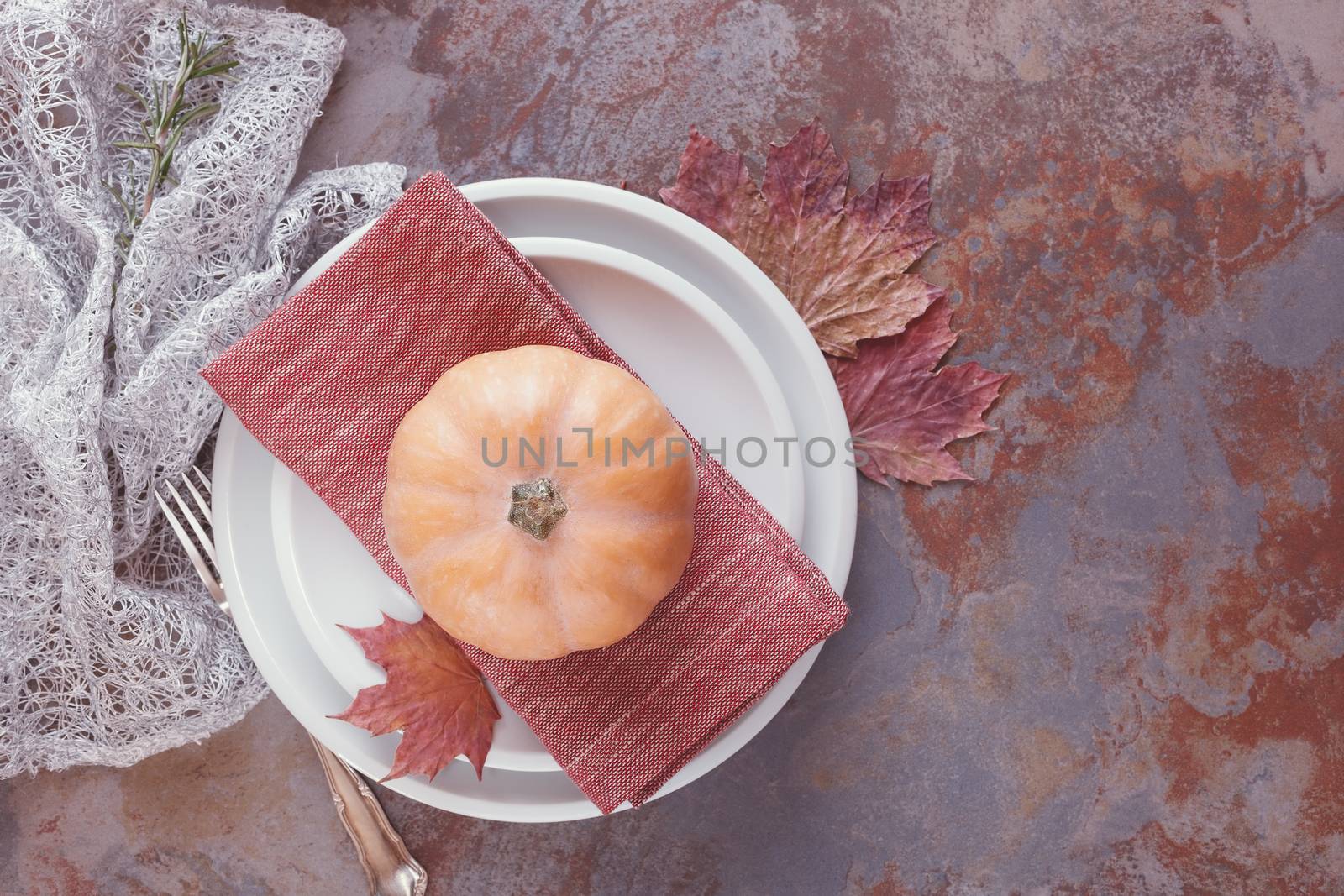 Table Set with pumpkins, rosemary and leaf , natural light