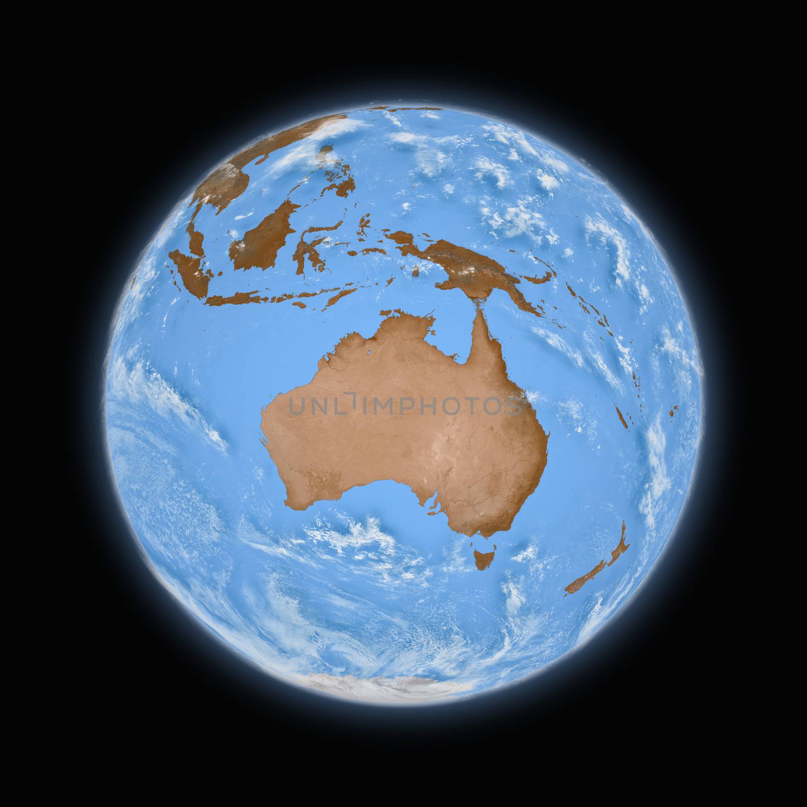 Australia on blue planet Earth isolated on black background. Highly detailed planet surface. Elements of this image furnished by NASA.