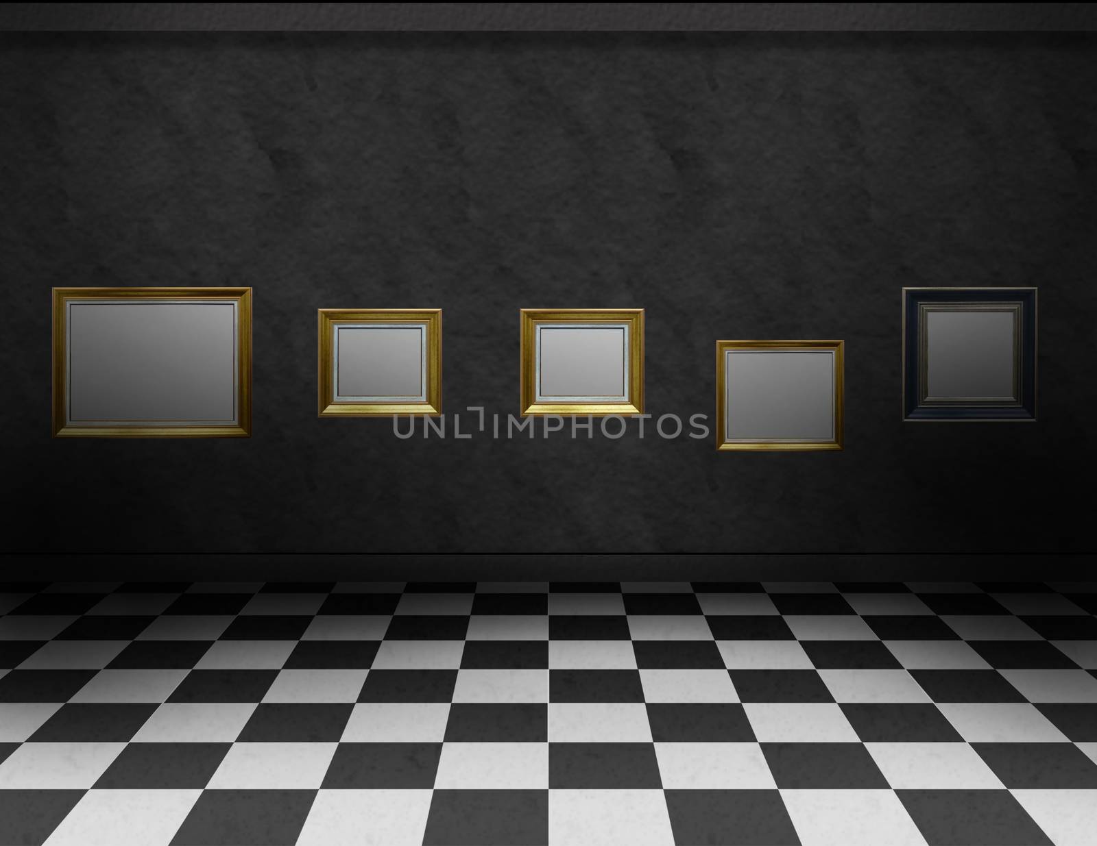 Empty, dark gallery room with black and white checker on the floor and empty frames for paintings or photography, on the dark wall