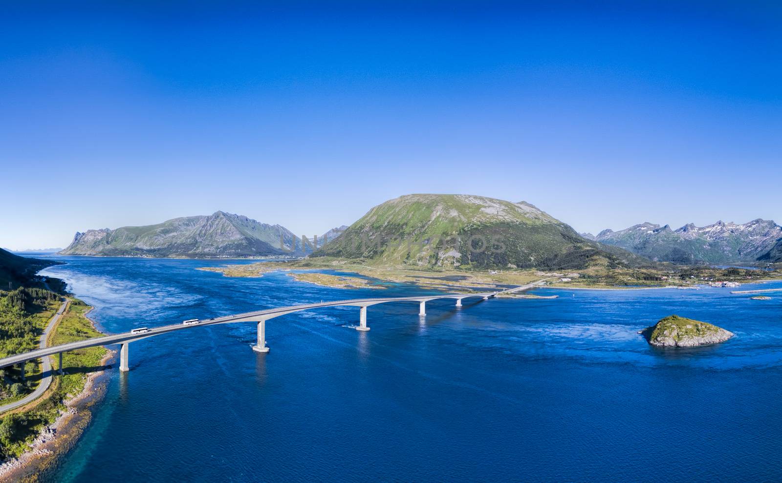 Aerial panorama of beautiful bridge on Lofoten islands in Norway