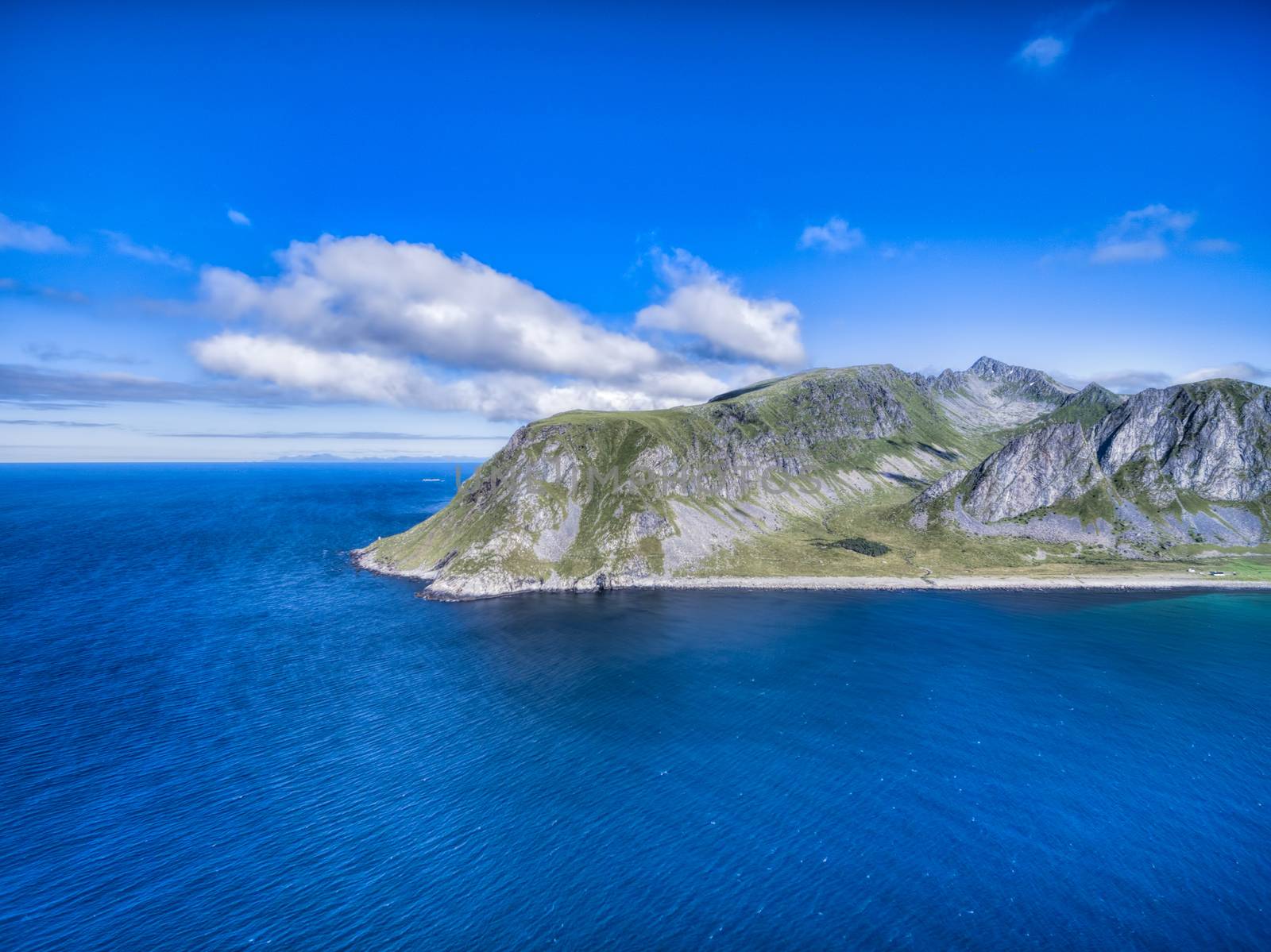 Aerial view of Lofoten islands coastline in Norway