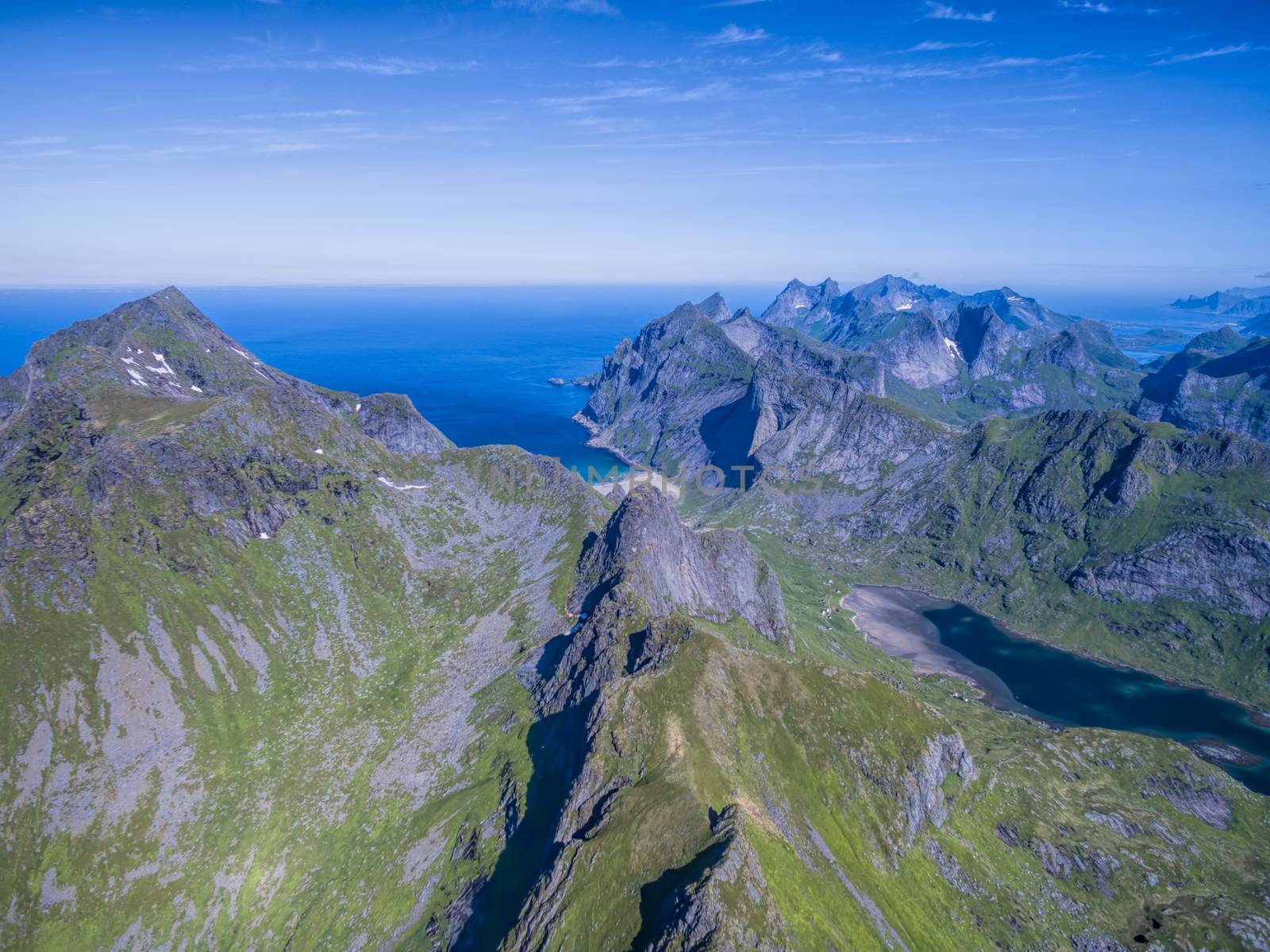 View from flight over the peaks on Lofoten islands in Norway