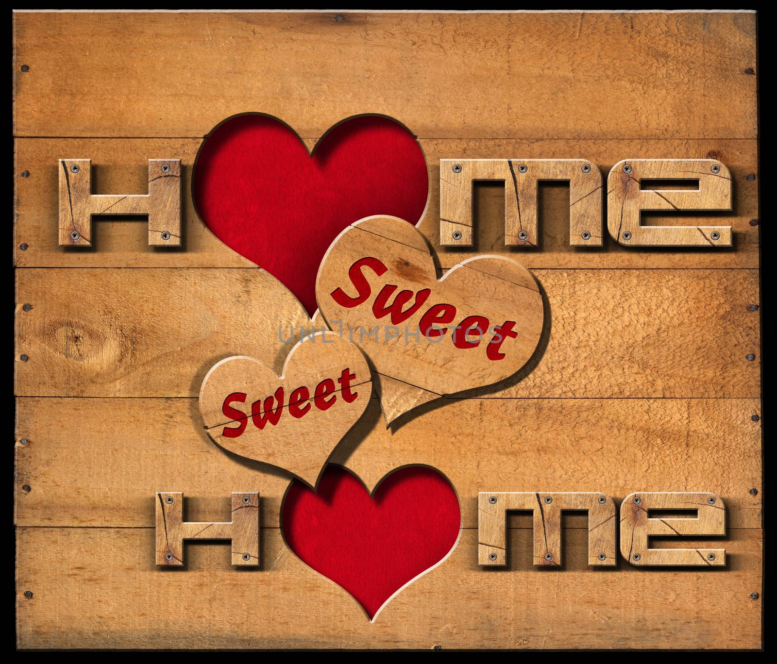 Wooden text Home sweet home with two hearts on a wooden wall isolated on a black background