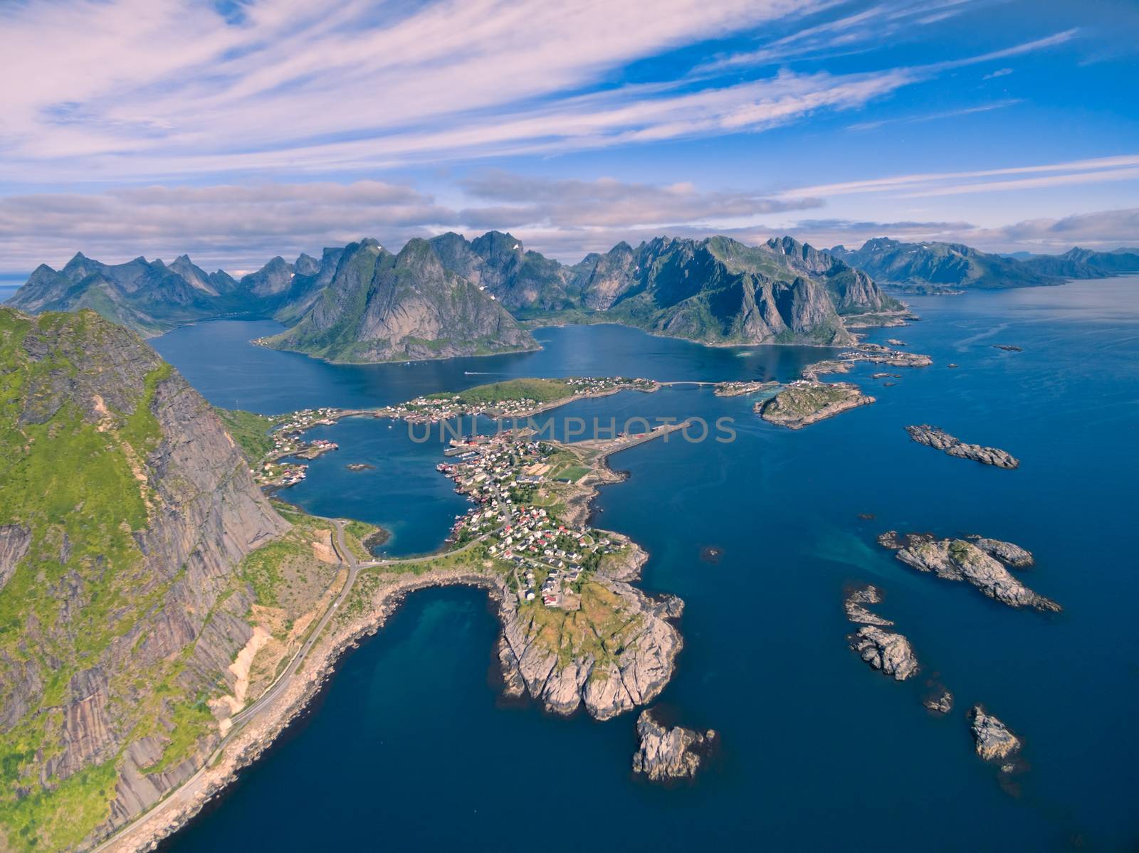 Scenic aerial view of Reine, fishing village on Lofoten islands in Norway