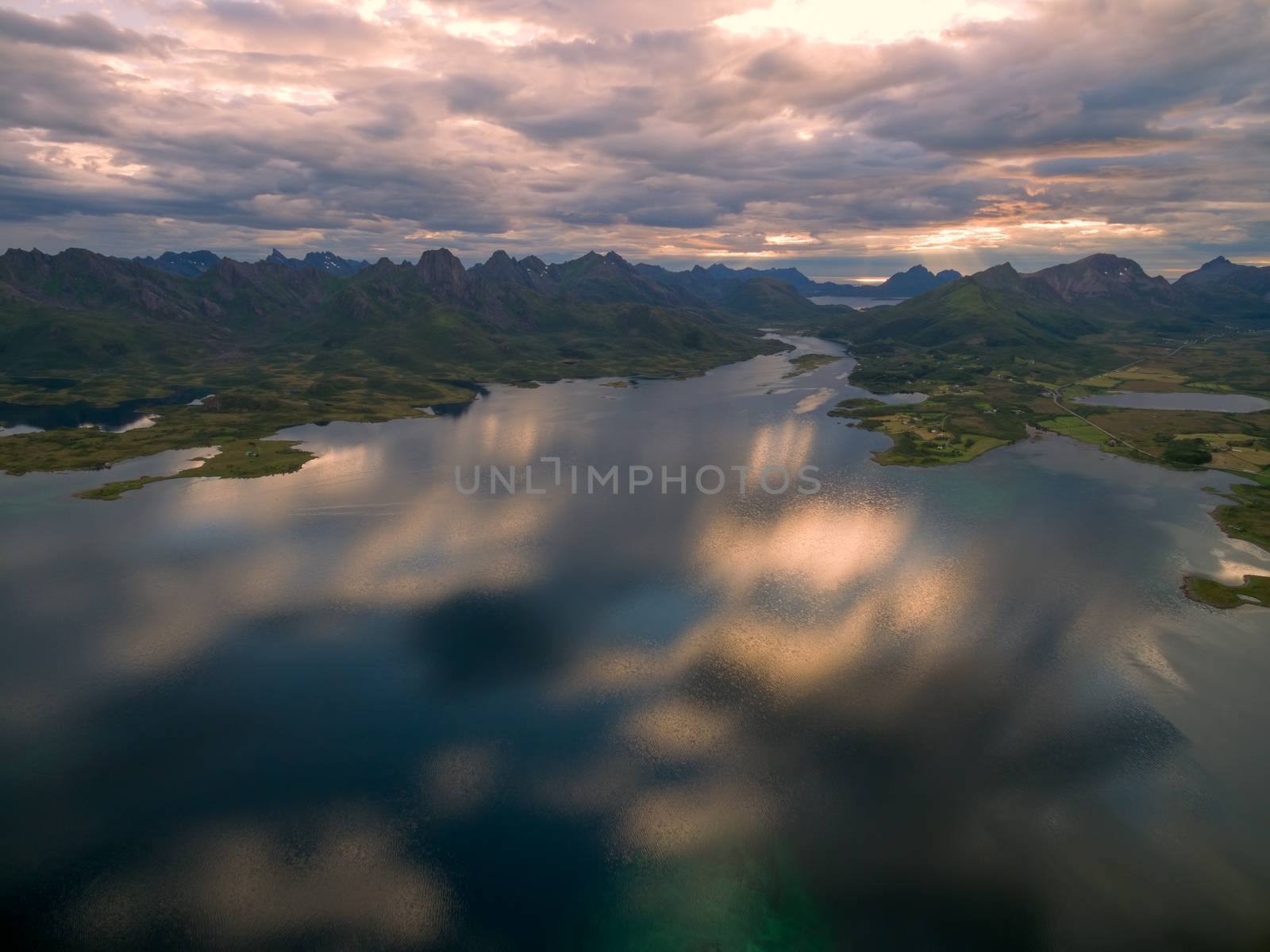 Scenic aerial view of norwegian coast on Vesteralen islands with their dramatic mountain peaks